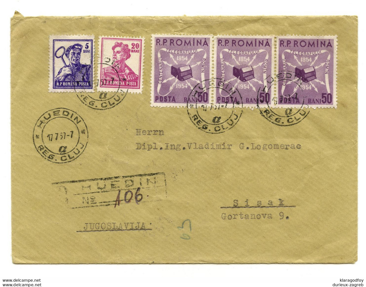 Romania Letter Cover Posted Registered 1957 Huedin To Siak B201101 - Briefe U. Dokumente