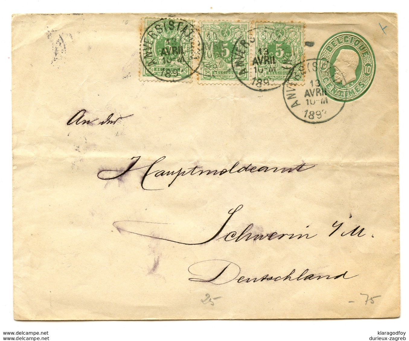 Belgium Postal Stationery Letter Cover Posted 1893 Anvers To Schwerin B200401 - Briefumschläge