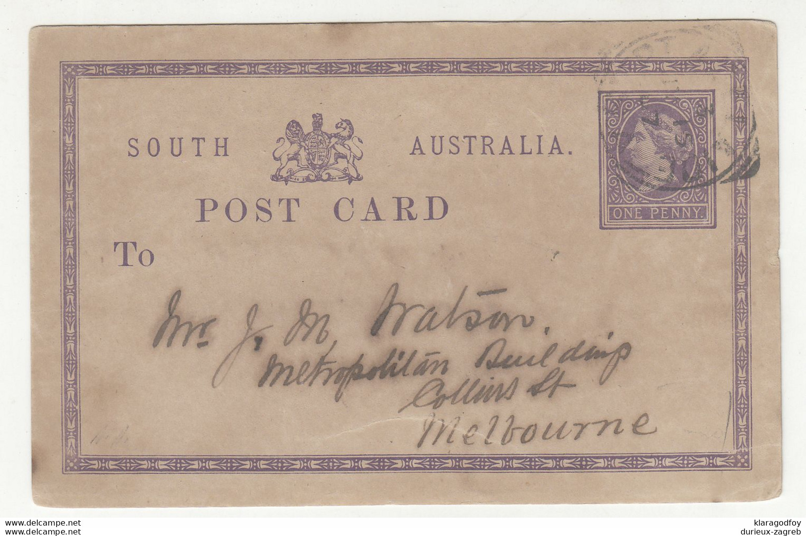 South Australia Queen Victoria Postal Stationery Postcard Posted 1887? B210526 - Other & Unclassified