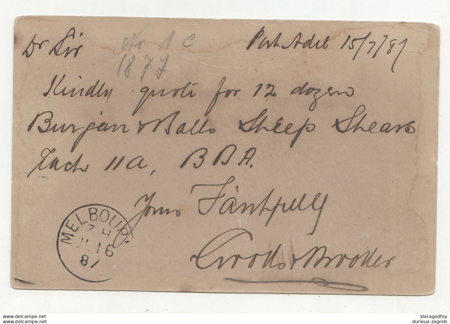 South Australia Queen Victoria Postal Stationery Postcard Posted 1887? B210526 - Sonstige & Ohne Zuordnung