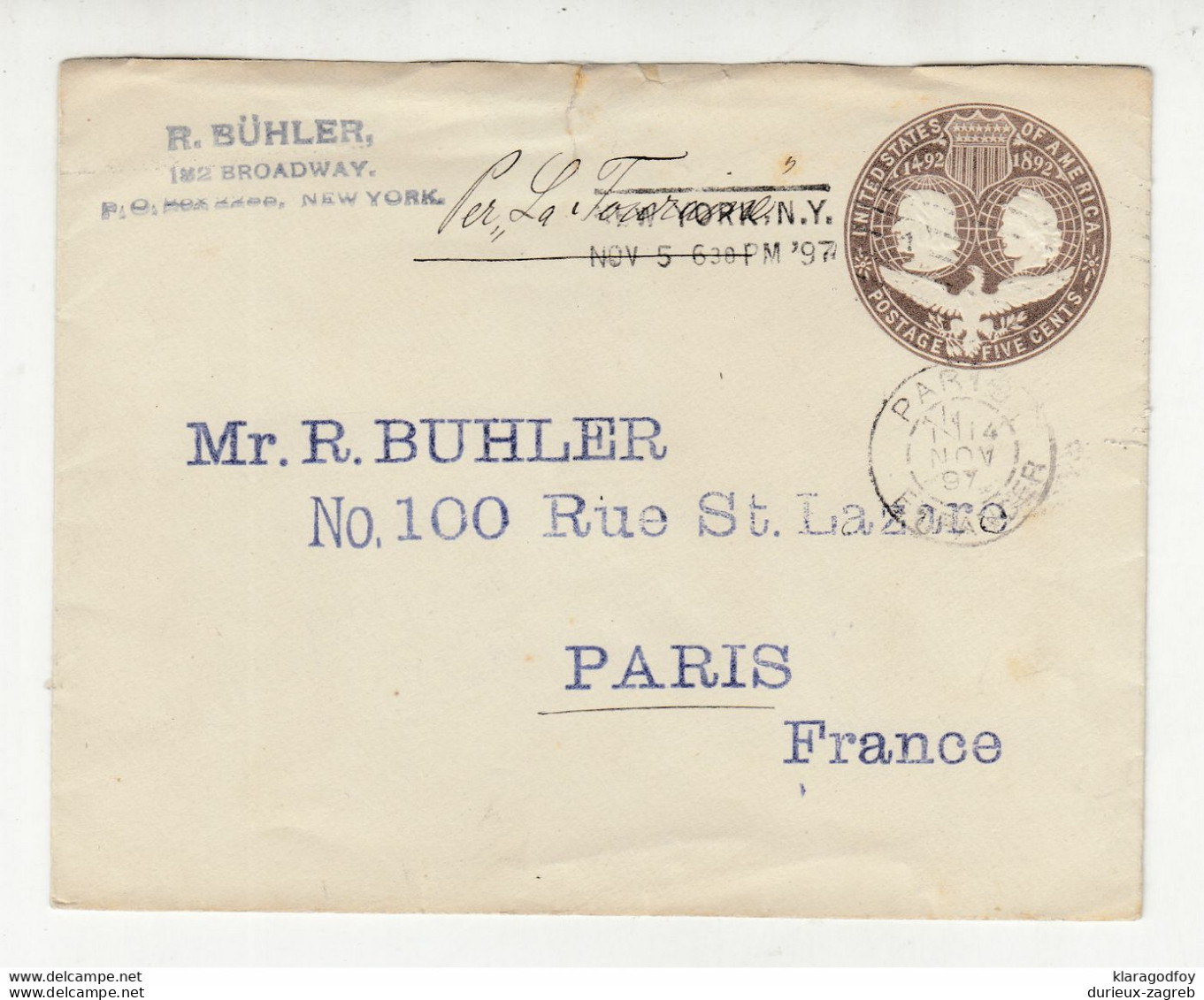 U.S. Postal Stationery Letter Cover Posted 1897 To Paris B210526 - Autres & Non Classés