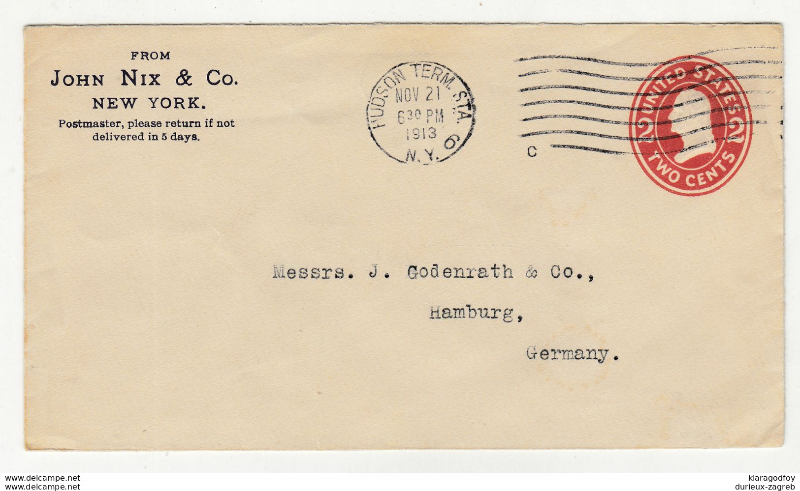 John Nix & Co., NY Preprinted Company Postal Stationery Letter Cover Posted 1913 To Hamburg - Apple Cinderella B210526 - Altri & Non Classificati