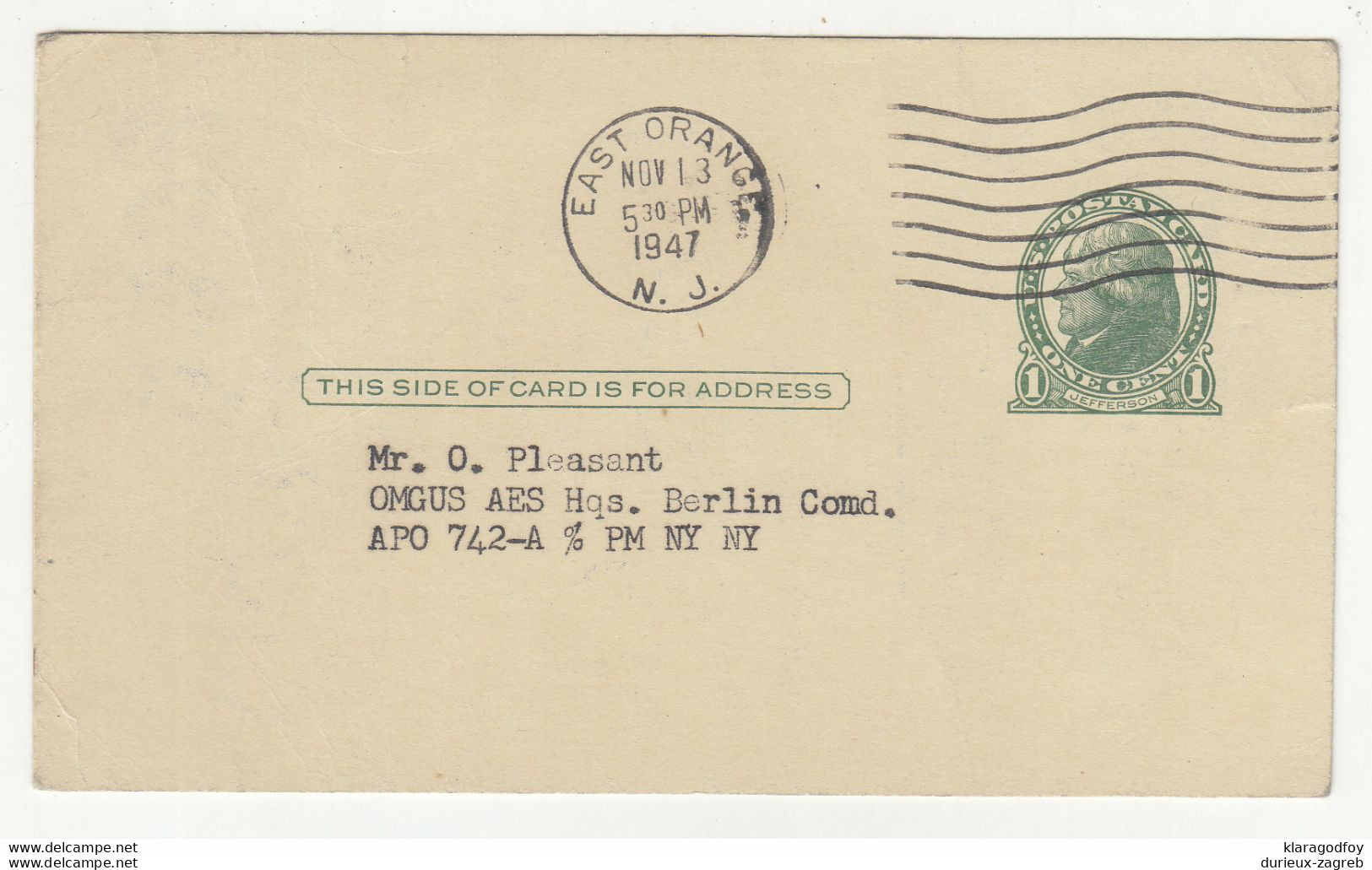 Ace Mail Order Co., East Orange Preprinted Postal Stationery Postcard Posted 1947 B210526 - Altri & Non Classificati