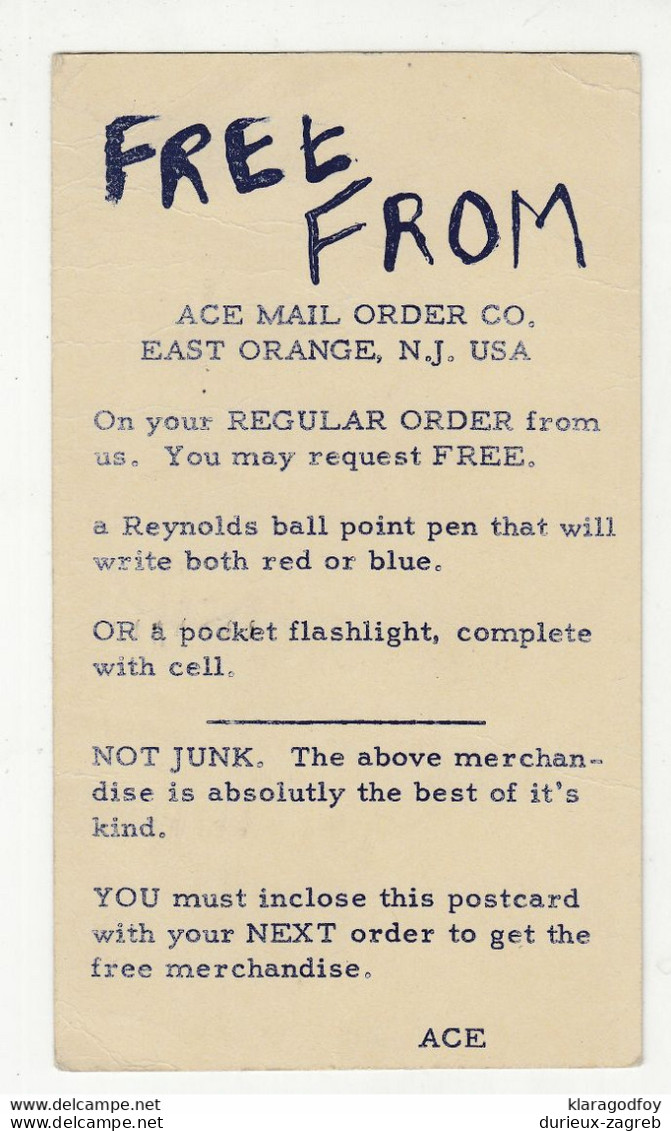 Ace Mail Order Co., East Orange Preprinted Postal Stationery Postcard Posted 1947 B210526 - Altri & Non Classificati