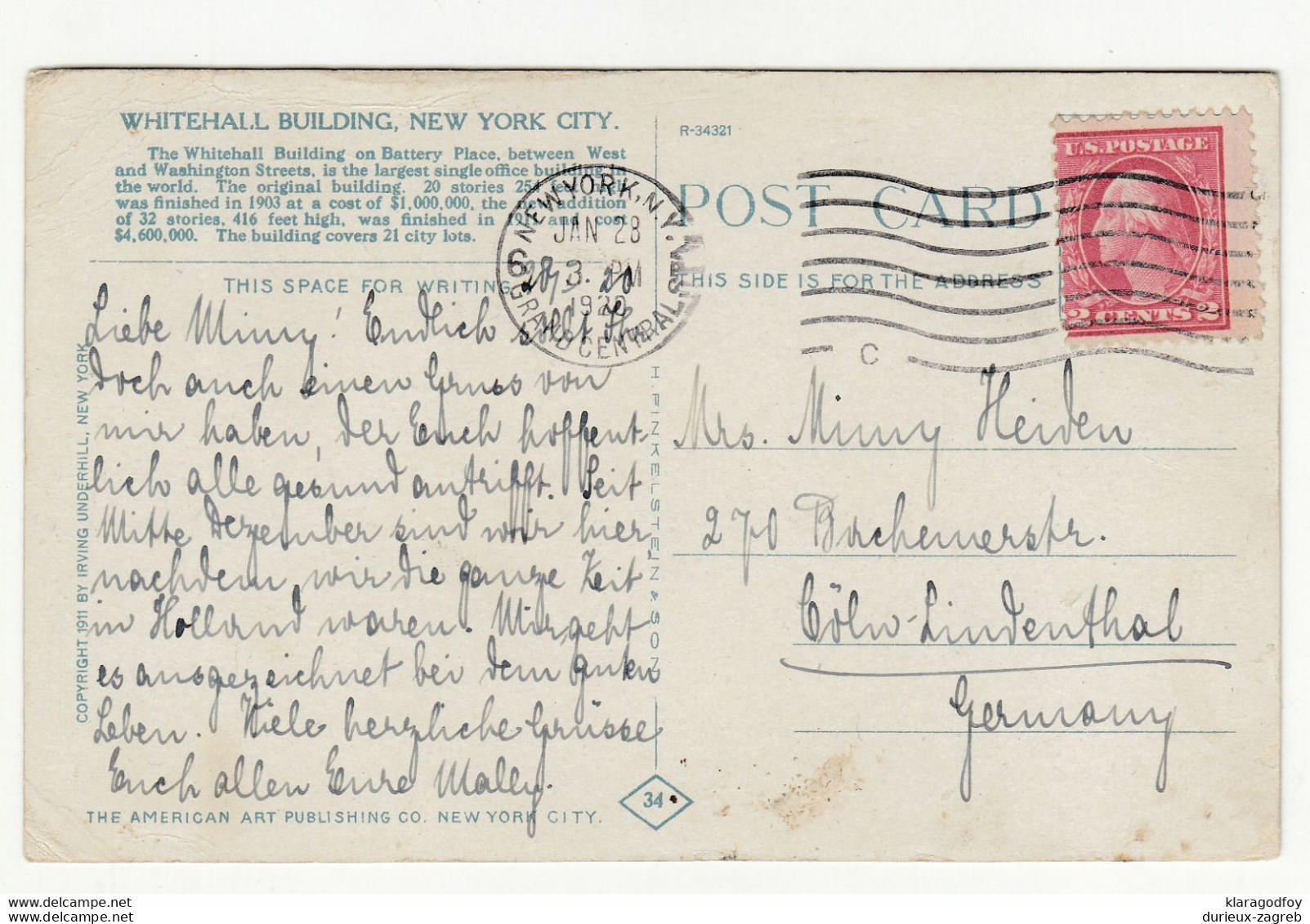 Whitehall Building, NYC old postcard posted posted 1920 to Germany b210526