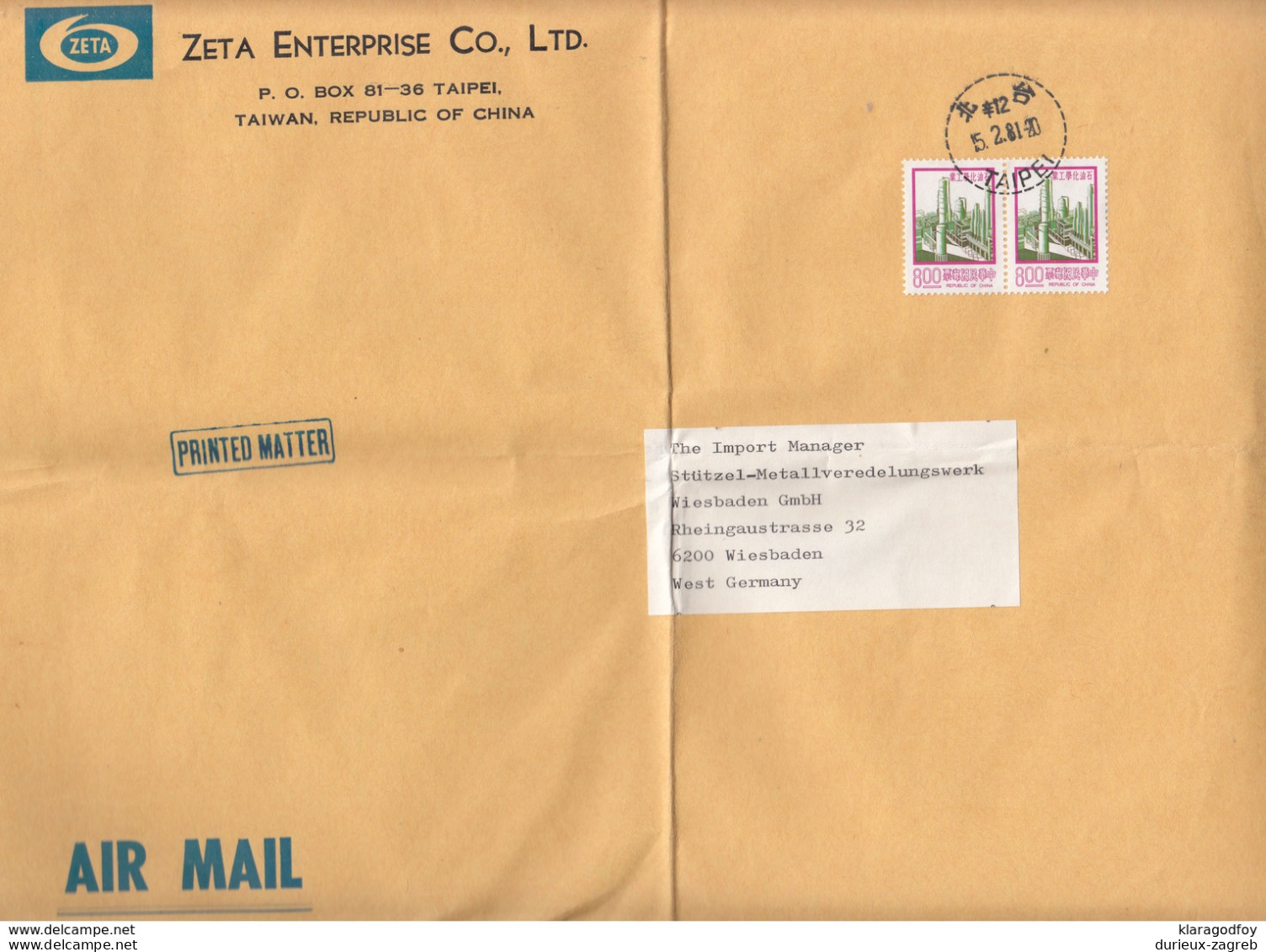 Zeta Enterprise Taipei Company Letter Cover Posted 1981 To Germany B200210 - Lettres & Documents