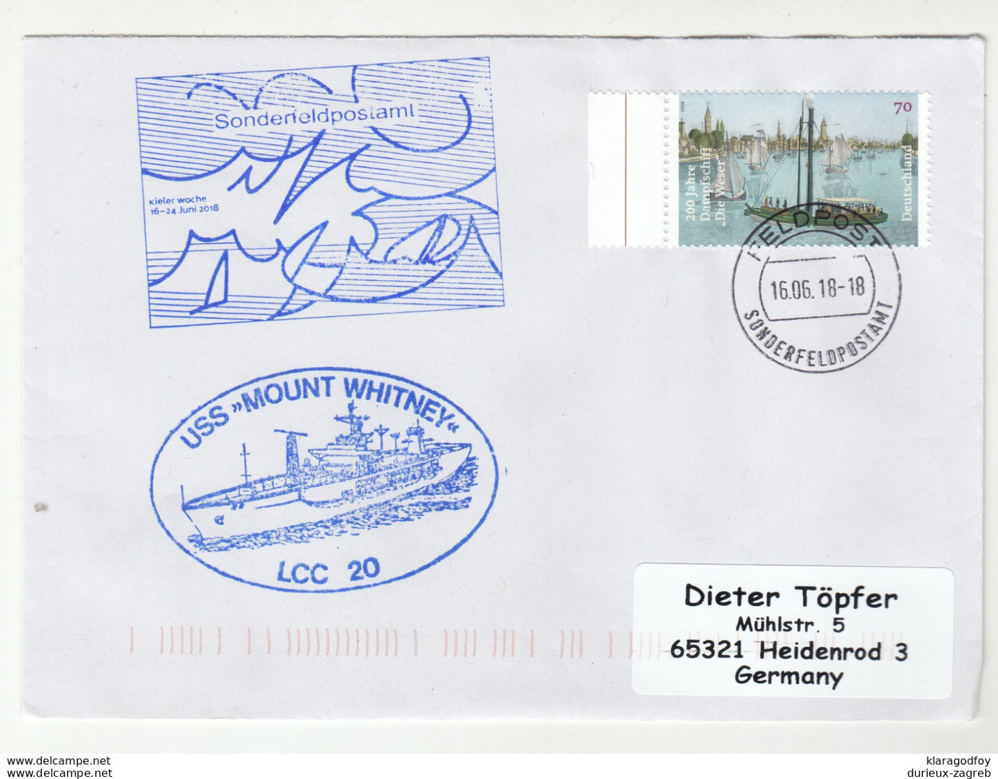 USS Mount Whitney Ship Post Letter Cover Posted Feldpost 2018 Germany B200210 - Sonstige (See)