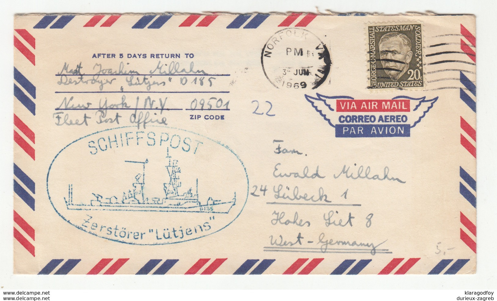 Schiffspost Zerstörer Lütjens Ship Post Letter Cover Posted 1969 USA To Germany B200210 - Andere(Zee)