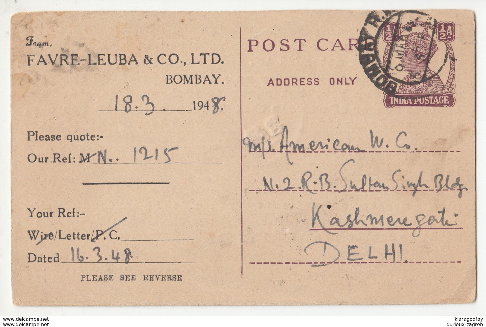 India, Favre-Leuba Company Pre-printed Postal Stationery Post Card Travelled 1948 Bombay To Delhi B180720 - 1936-47 Koning George VI