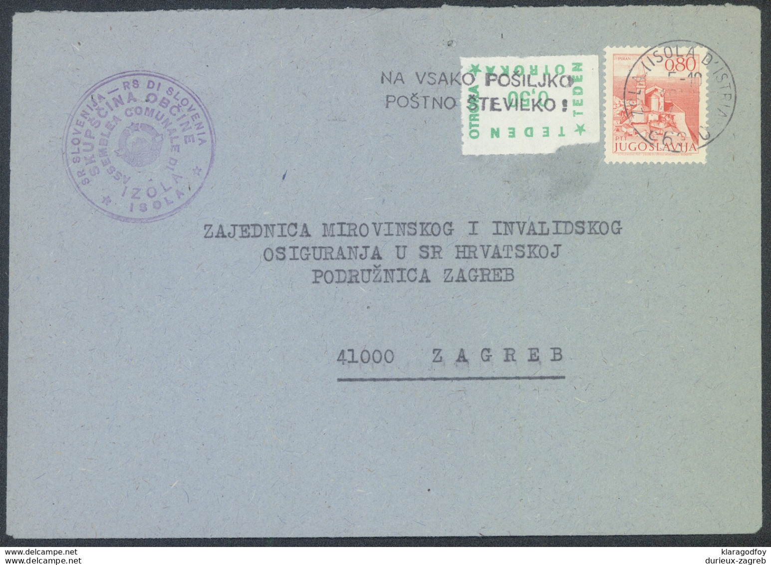 Yugoslavia, Postal Tax Stamp On Letter Cover Travelled 197? Izola Pmk B170404 - Lettres & Documents