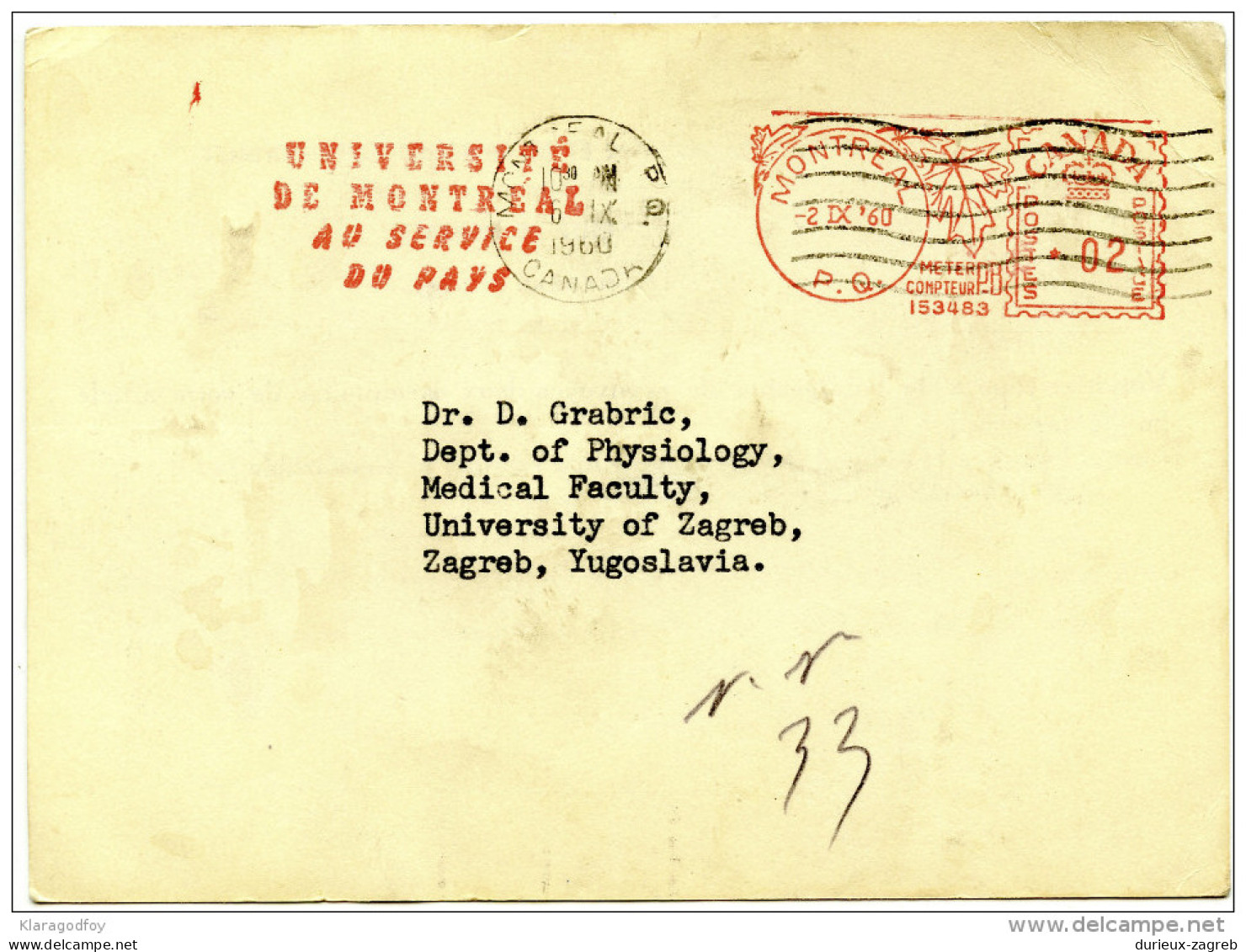 Canada Meter Stamp And Slogan Postmark Montreal On Card Travelled 1960 To Yugoslavia Bb160115 - Automatenmarken (ATM) - Stic'n'Tic