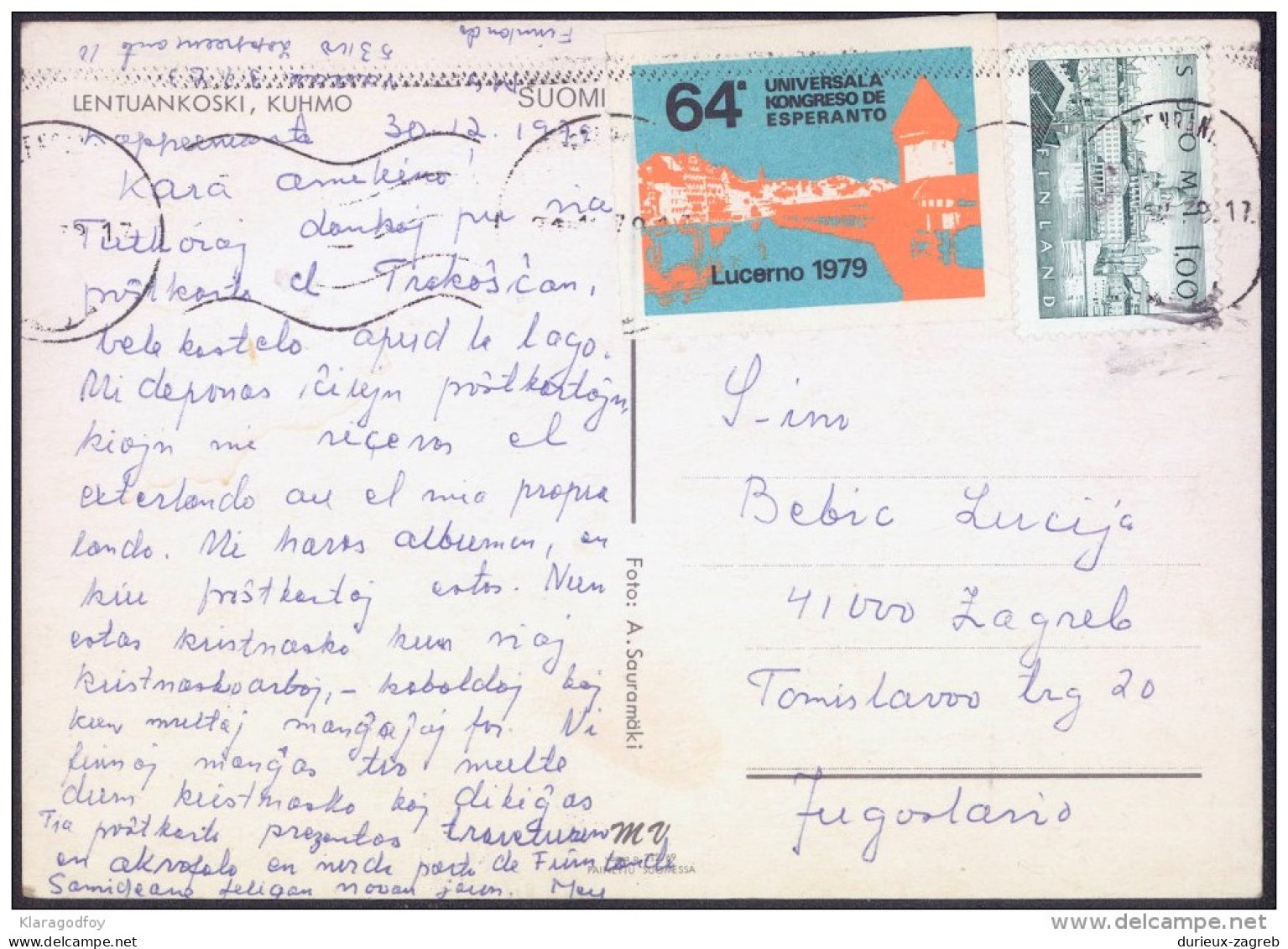Esperanto Cinderella Advertising Stamp On Postcard Finland, Lentuankoski, Kuhmo Travelled 1979 Bb151007 - Esperanto