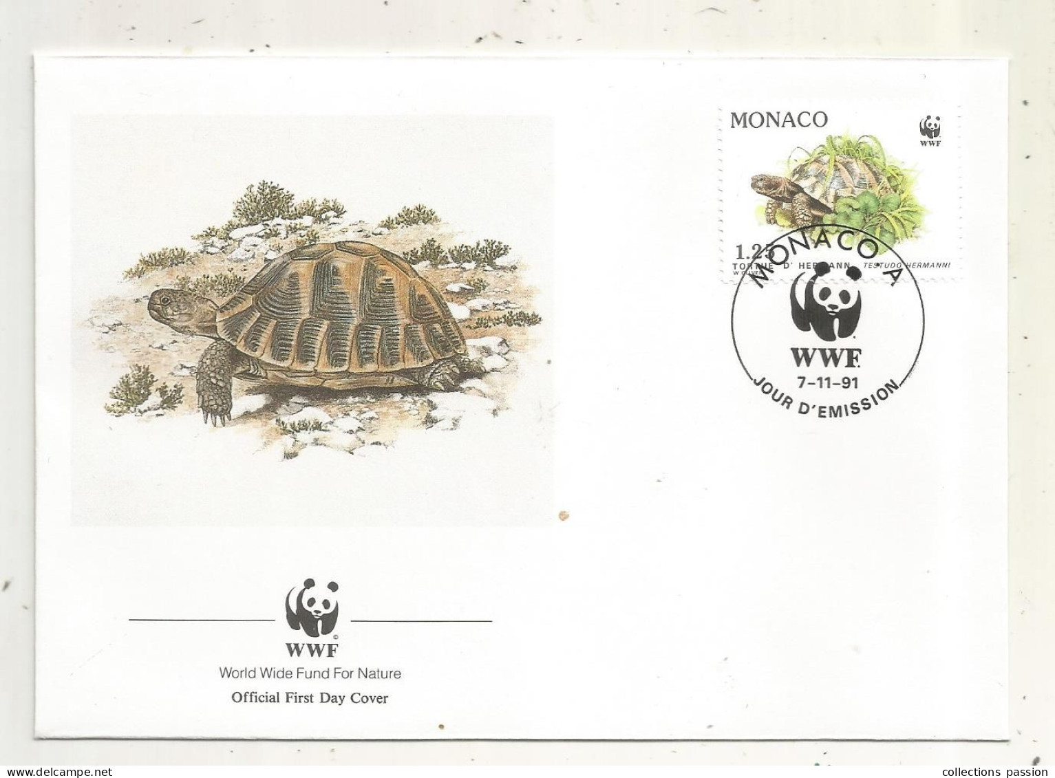 Official FDC, WWF, TORTUE D'Hermann, MONACO. A, 7-11-91 - FDC