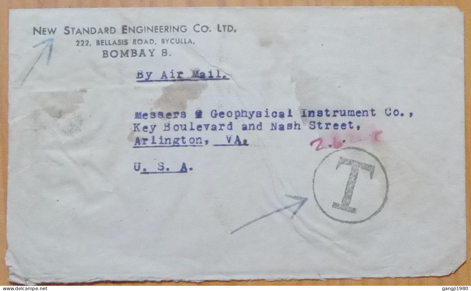 INDIA 1946, COVER USED TO ÚSA, DUE, BIG T IN RING, ADVERTISING NEW STANDARD ENG, GEOPHYASICAL INSTRUMENT, KING 3 DIFF ST - 1936-47 Roi Georges VI