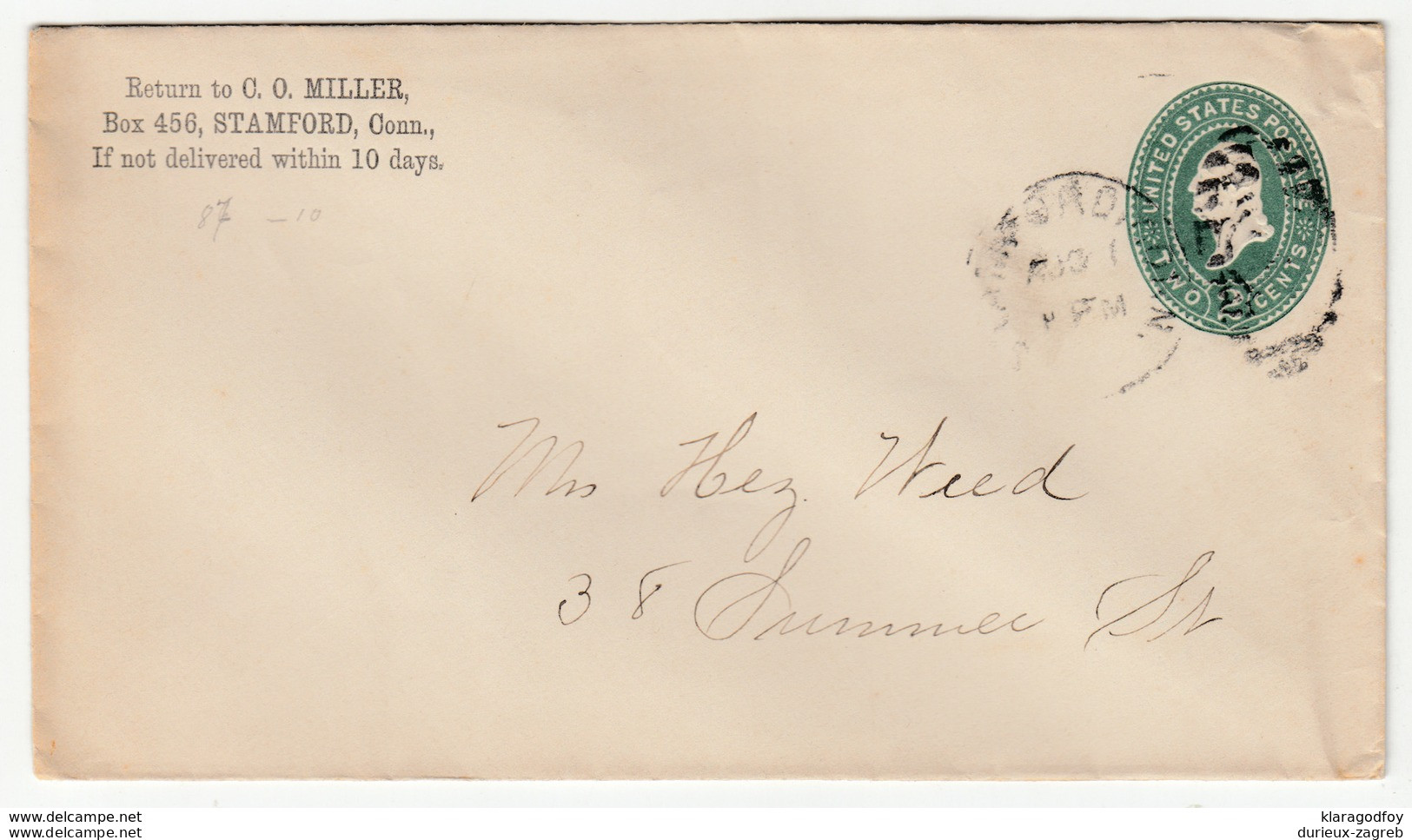 US Postal Stationery Letter Cover Travelled 189? C.O.Miller, Stamford B180508 - ...-1900