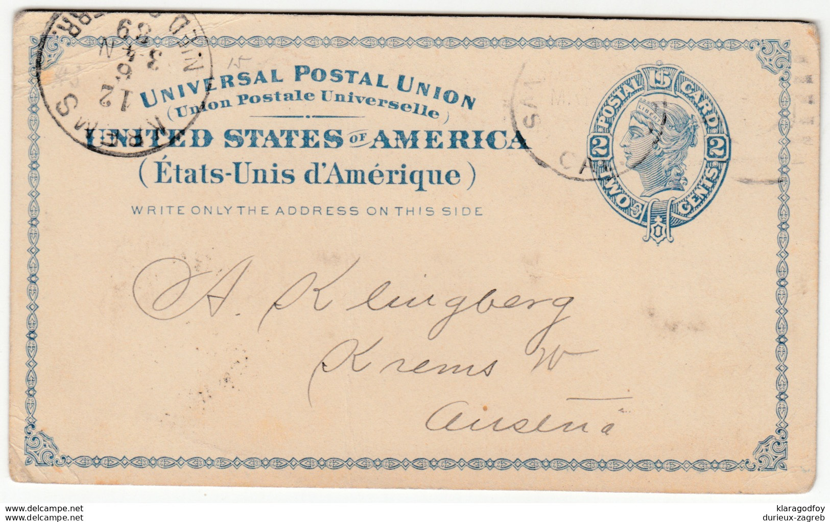 US UPU Postal Stationery Postal Card Travelled 1889 To Austria B180508 - ...-1900