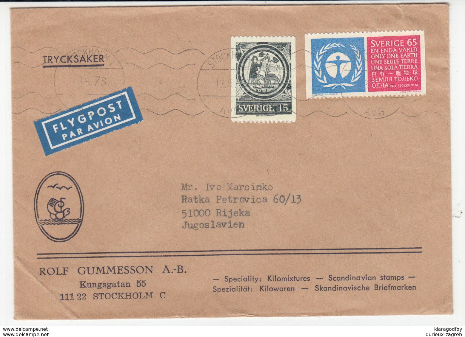 Sweden, Rolf Gummesson Company Letter Cover Airmail Travelled 1976 Stockholm Pmk B180220 - Covers & Documents