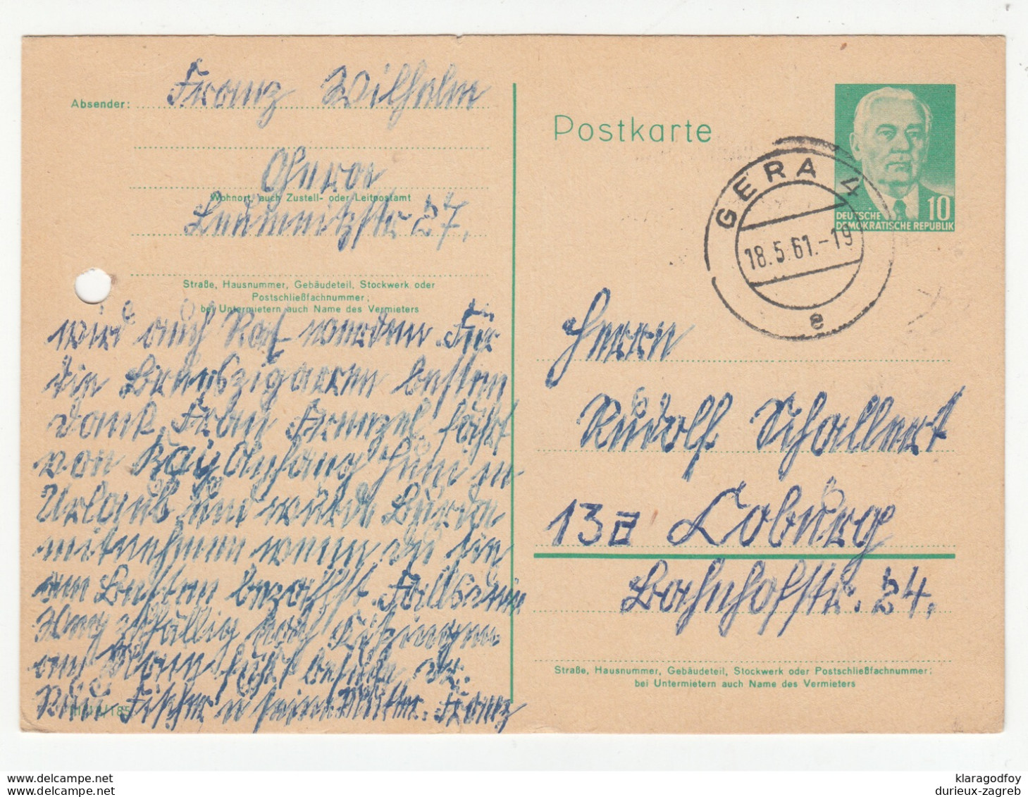 DDR, Postal Stationery Postkarte Travelled 1961 Gera Pmk B180210 - Postales - Usados