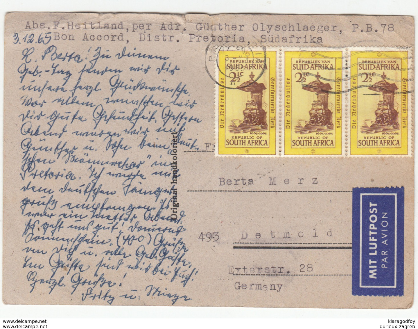 South Africa, Chimney Sweep Postcard Airmail Travelled 1965 Pretoria Pmk B180122 - Covers & Documents
