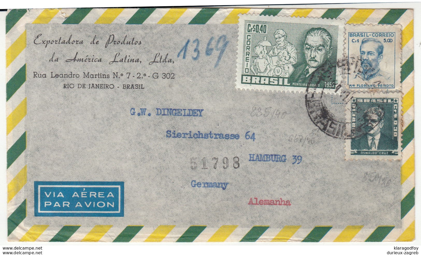 Brasil, Exportadora De Produtos Da America Latina, Ltd. Airmail Letter Cover Travelled 1956 To Hamburg B180122 - Cartas & Documentos