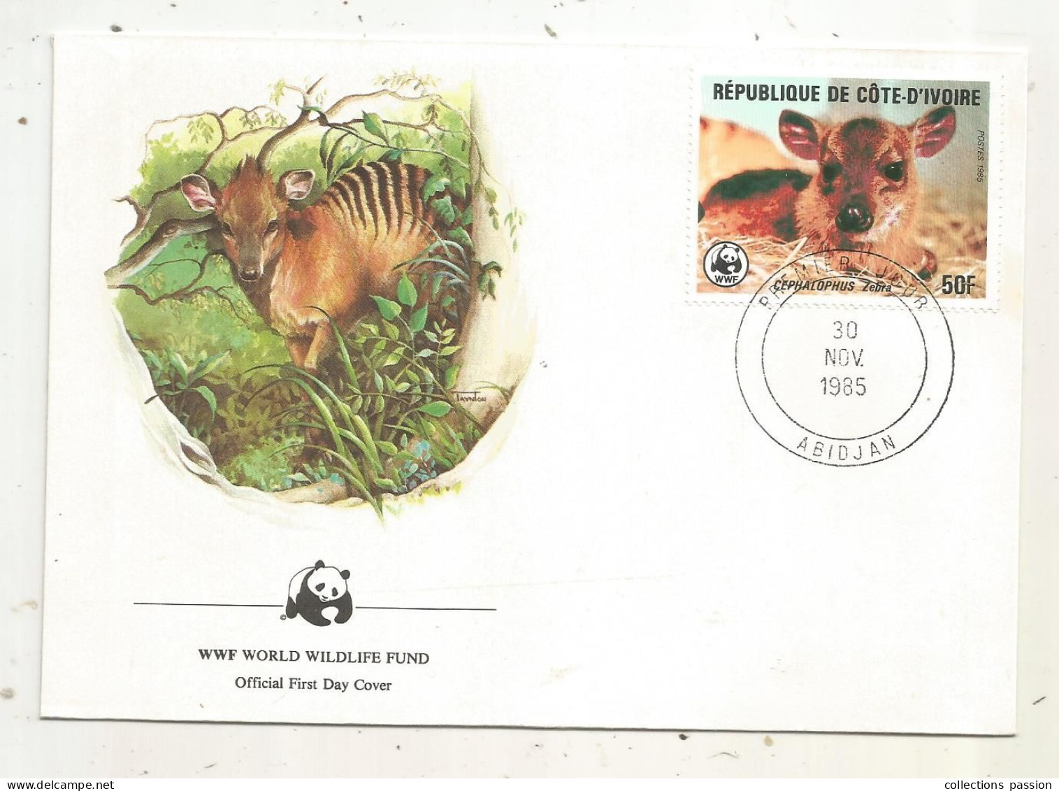 Official FDC, WWF, Cephalophus Zebra, CÔTE D'IVOIRE, ABIDJAN, 30 Nov. 1985 - FDC