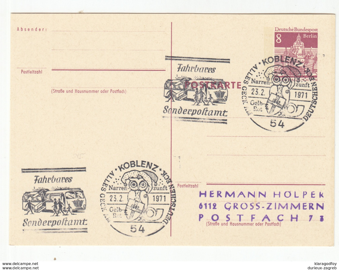 Berlin, Postal Stationery Postkarte Postmarked Koblenz 1971 Special Pmk B190220 - Postcards - Used