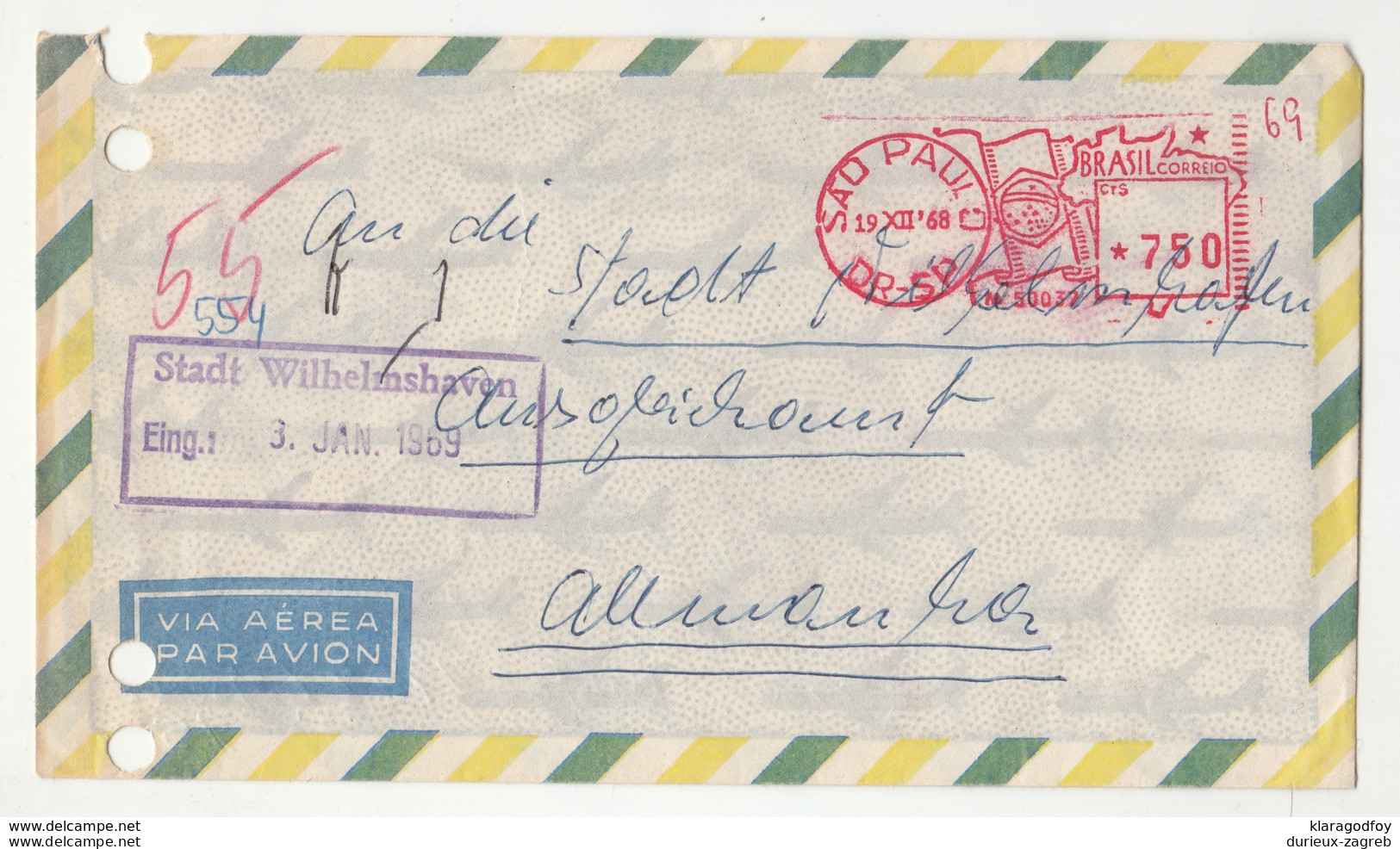 Brazil Meter Stamp On Air Mail Letter Cover Travelled 1968 Sao Paulo To Wilhelmshaven B190210 - Brieven En Documenten