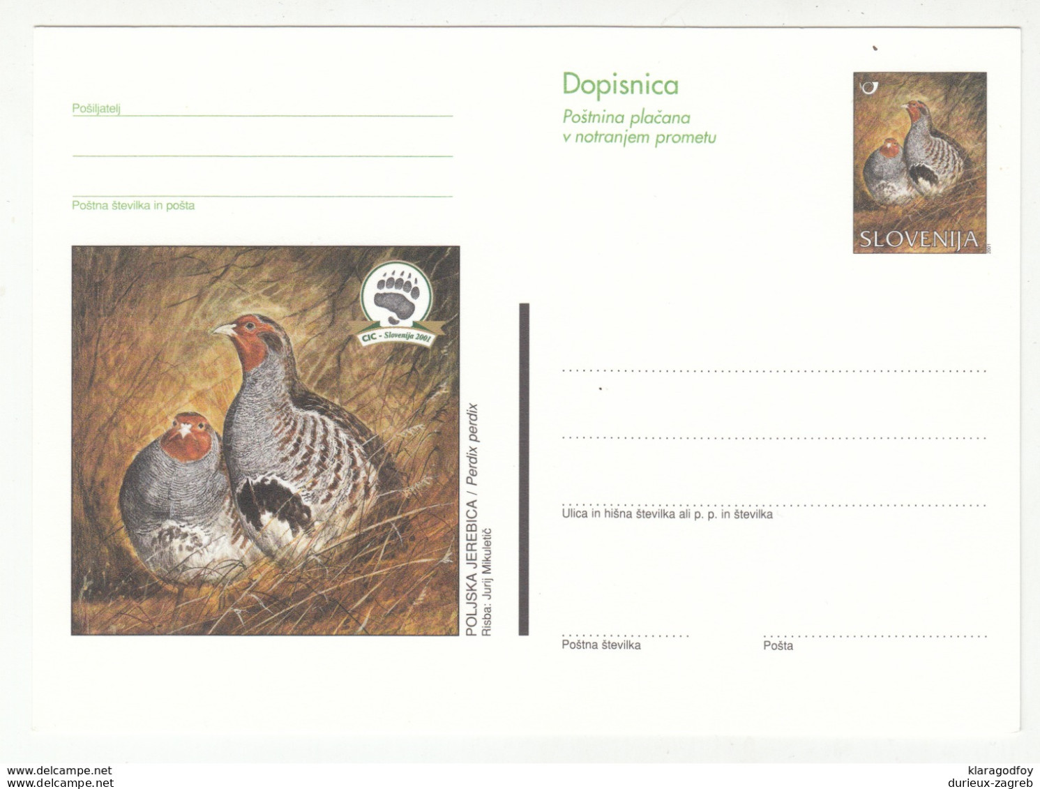 Slovenia, Poljska Jerebica Grey Partridge Illustrated Postal Stationery Dopisnica Unused B181215 - Patrijzen, Kwartels