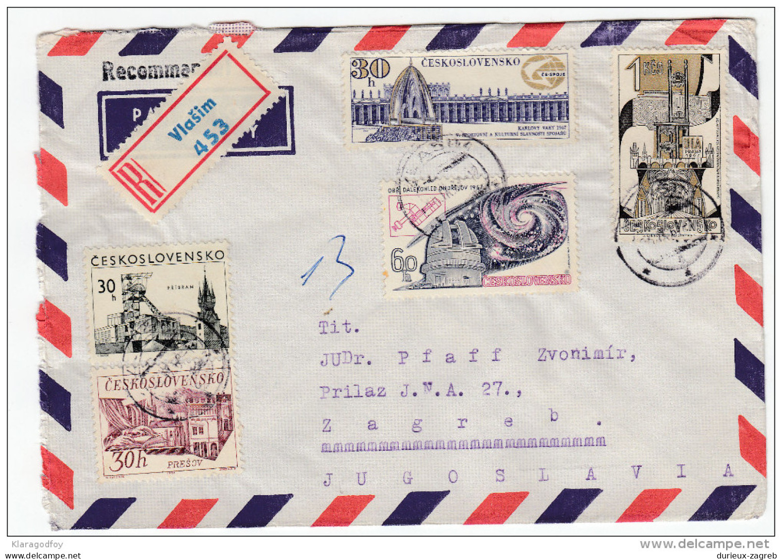 Space Stamps On Registered Air Mail Letter Cover Travelled 1967 Czechoslovakia To Yugoslavia Bb160301 - Other & Unclassified