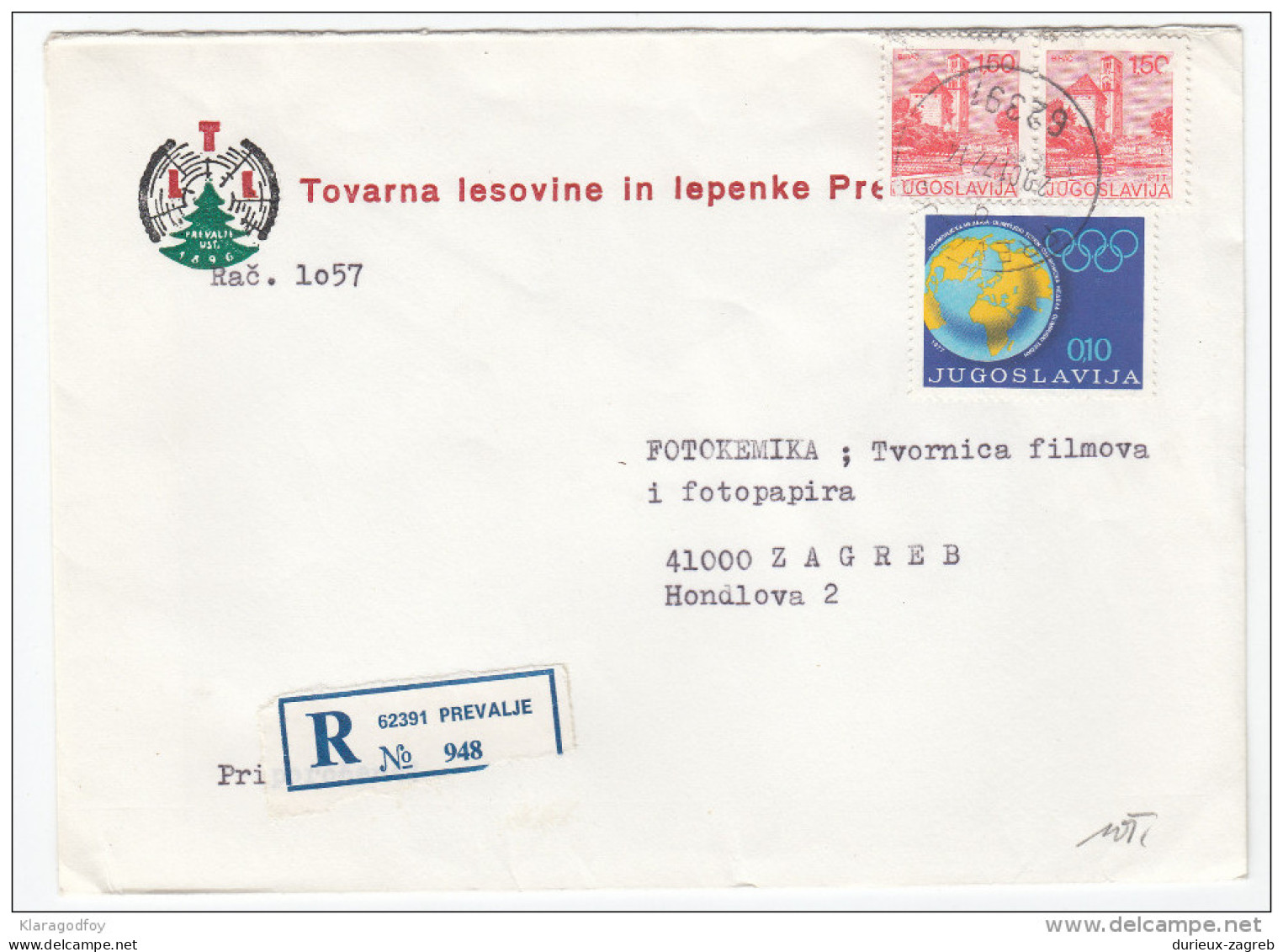 Yugoslavia Letter Cover With Additional Postal Tax Stamp Olympic Comittee Travelled 1977 Prevalje To Zagreb Bb151214 - Covers & Documents