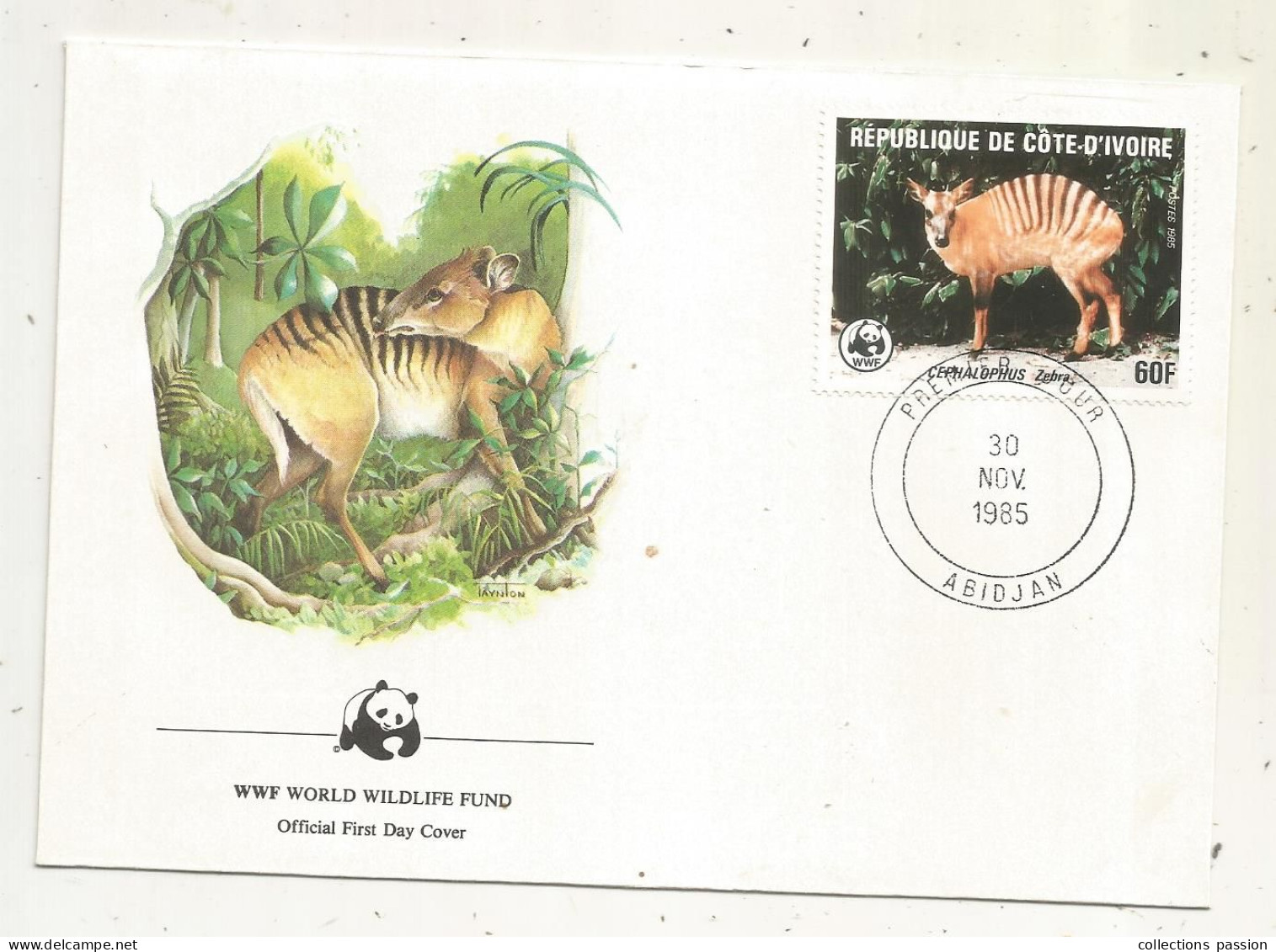 Official FDC, WWF, Cephalophus Zebra, CÔTE D'IVOIRE, ABIDJAN, 30 Nov. 1985 - FDC