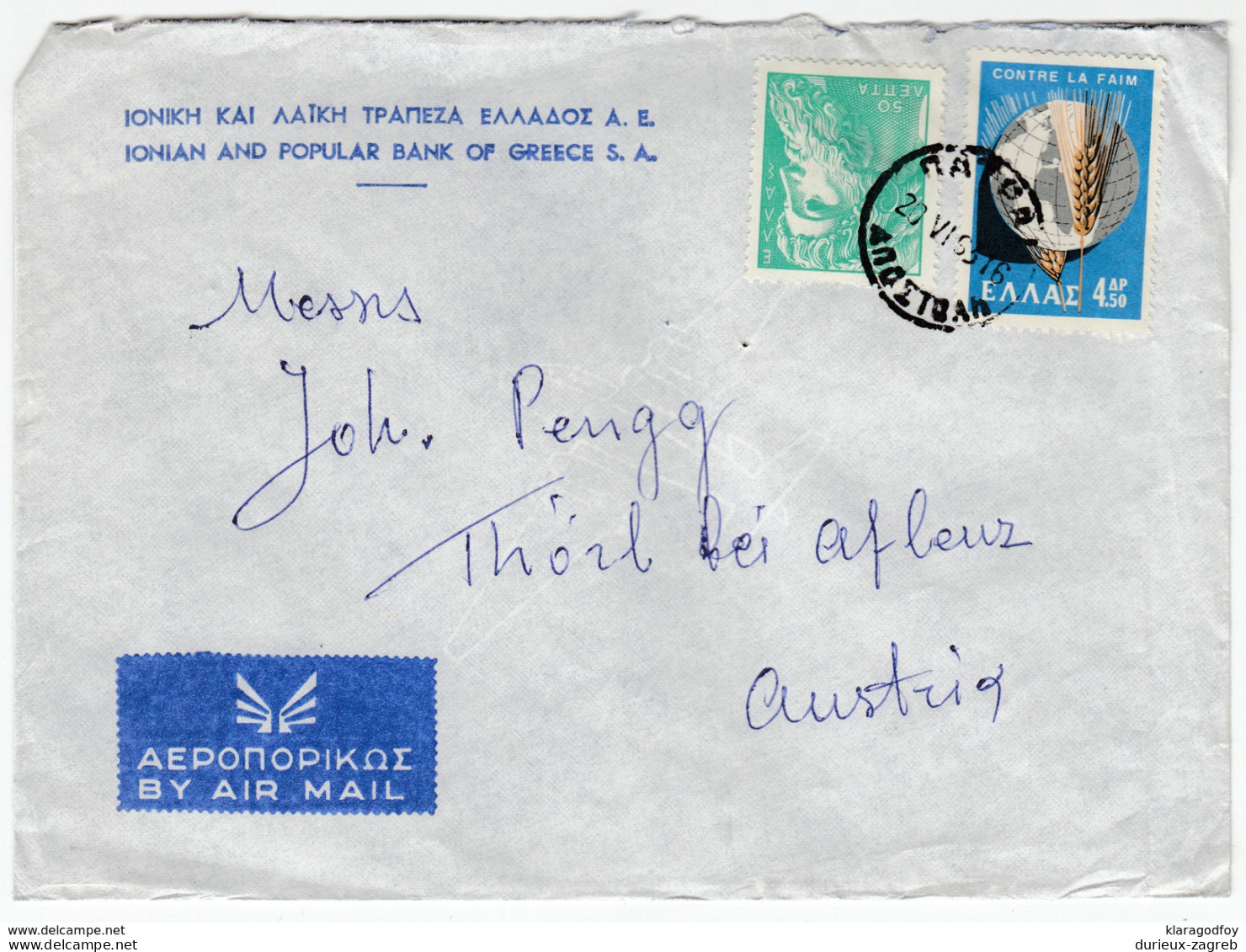 Ionian And Popular Banko Of Greece SA Company Air Mail Letter Cover Travelled 1963 To Thörl Bei Aflenz Bb161210 - Brieven En Documenten