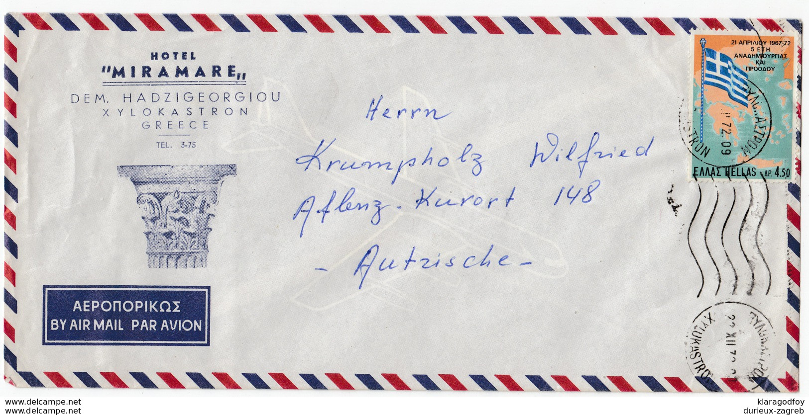 Hotel Miramare Company Air Mail Letter Cover Travelled 1972 Xylokastron To Aflenz Bb161210 - Brieven En Documenten