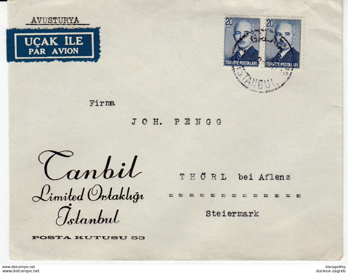 Canbil Ltd. Company Letter Cover Travelled Air Mail 195? Istanbul To Thörl Bei Aflenz Bb161210 - Briefe U. Dokumente