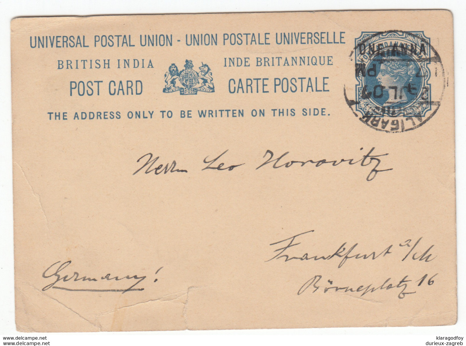 India Postal Stationery Postcard Travelled 1907? Aligarh, Uttar Pradesh To Frankfurt, Germany Bb161110 - Otros & Sin Clasificación