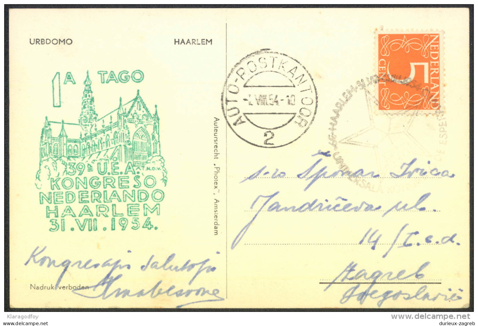 Esperanto Neherlands 1954 39th Congress Special Postmarks On Postcard Haarlem Travelled Bb150916 - Esperanto