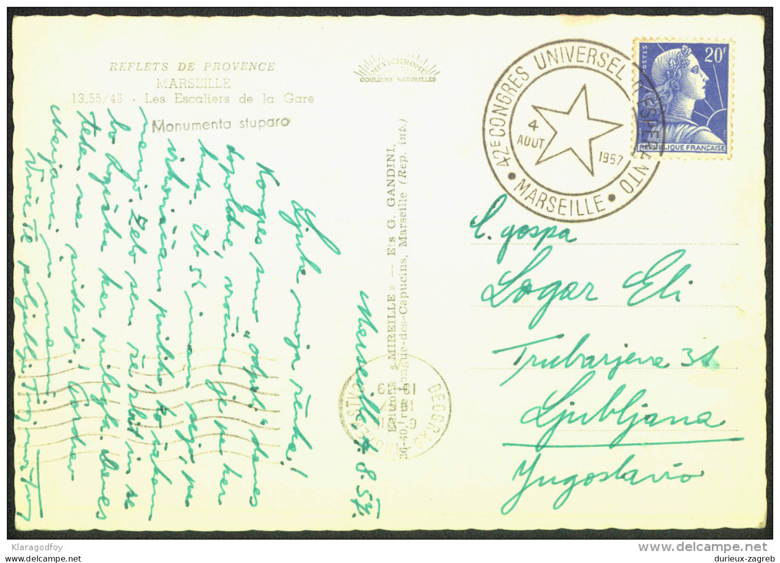 Esperanto France 1957 42th Congress Special Postmarks On Postcard Marseille Travelled Bb150916 - Esperanto