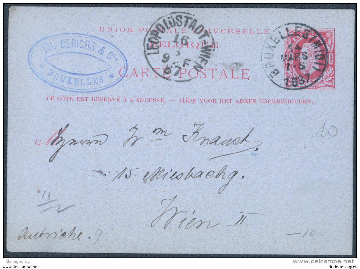 Belgium Old Postal Stationery Postcard Carte Postale Travelled 1887 Bb - Otros & Sin Clasificación