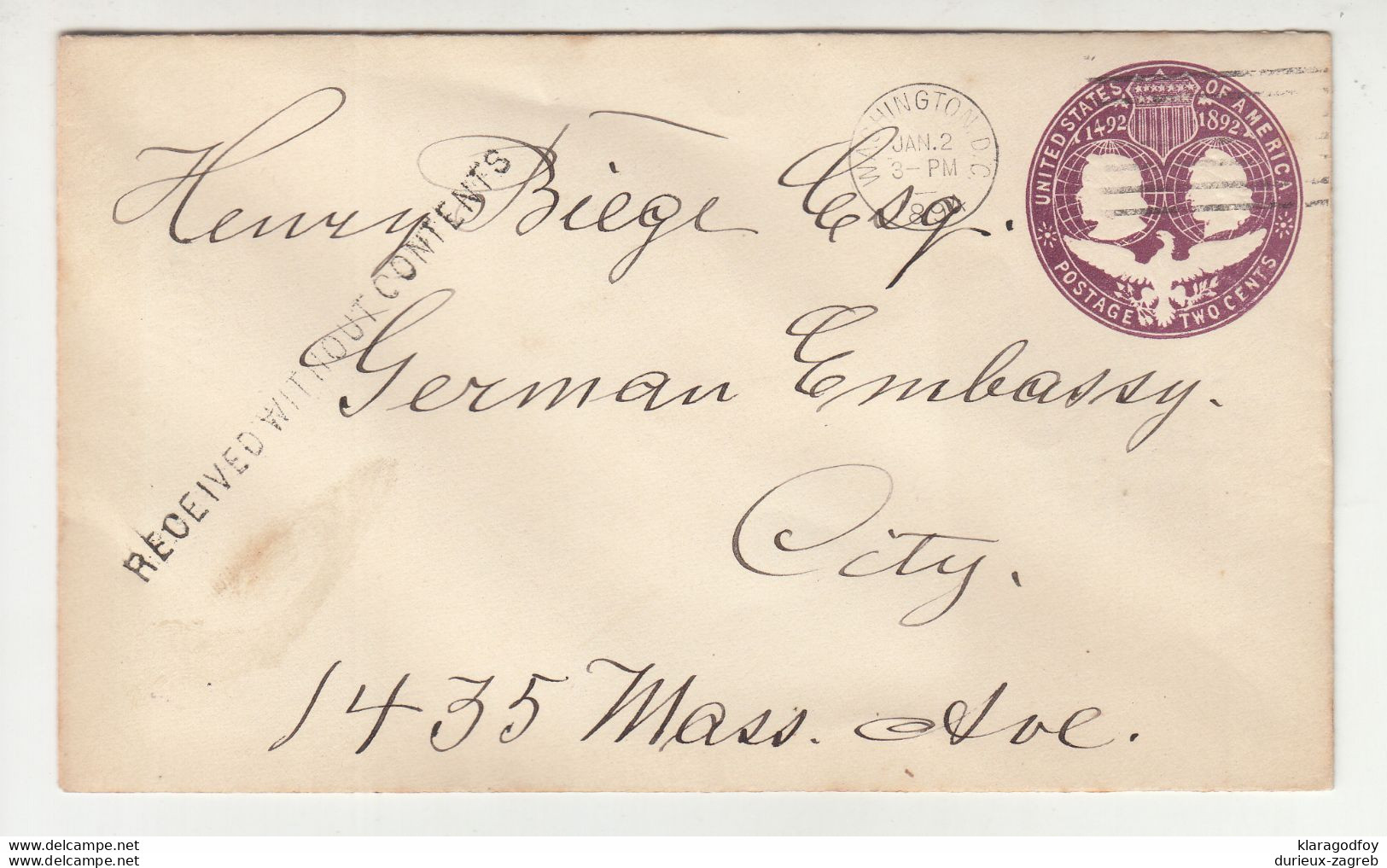 US 1892 2c Postal Stationery Letter Cover Posted 1894 Washington Pmk B210610 - ...-1900