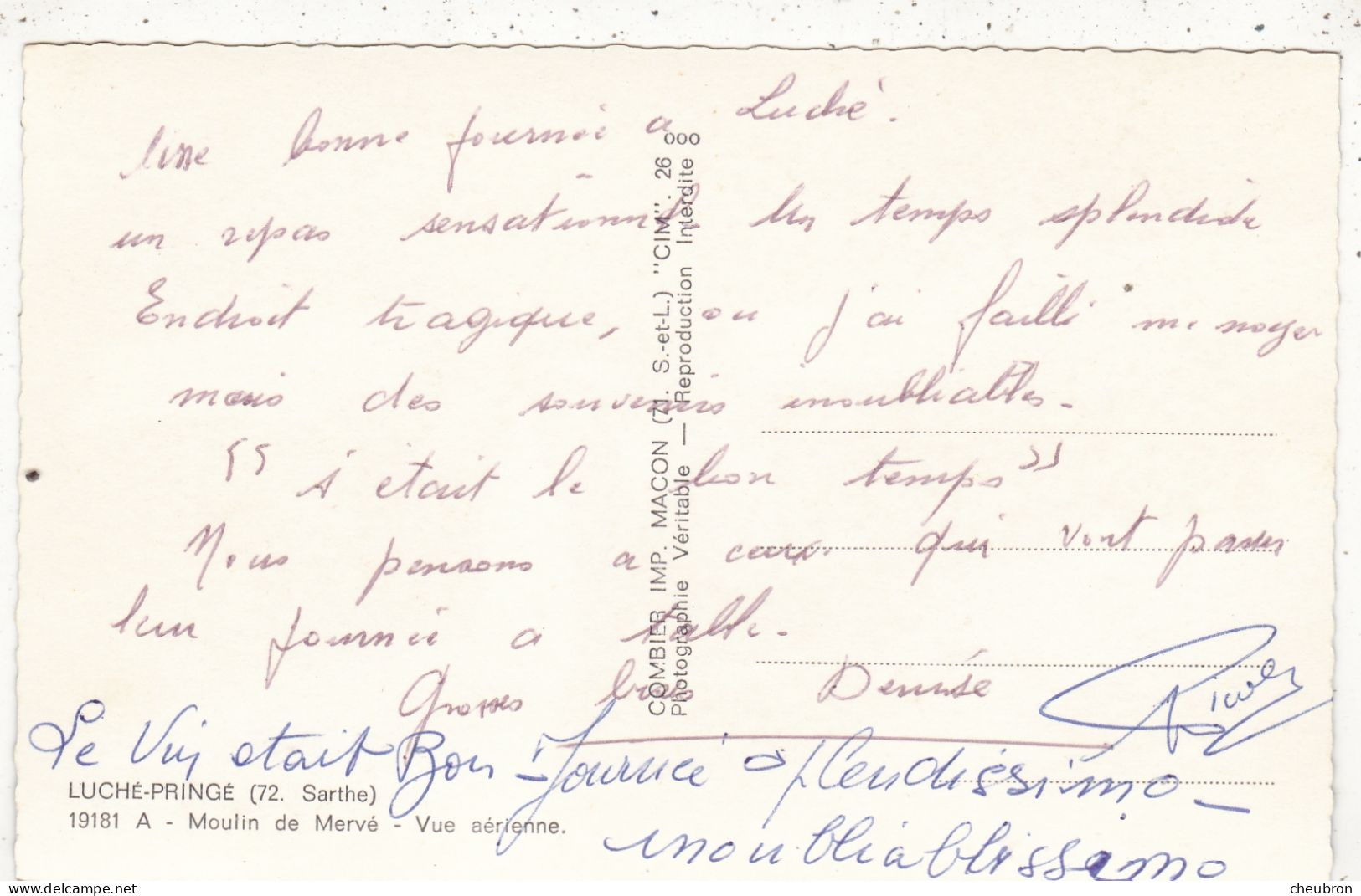 72. LUCHE PRINGE. CPA . VUE AERIENNE. MOULIN DE MERVE. ANNEES 50 COULEUR. + TEXTE.. - Luche Pringe