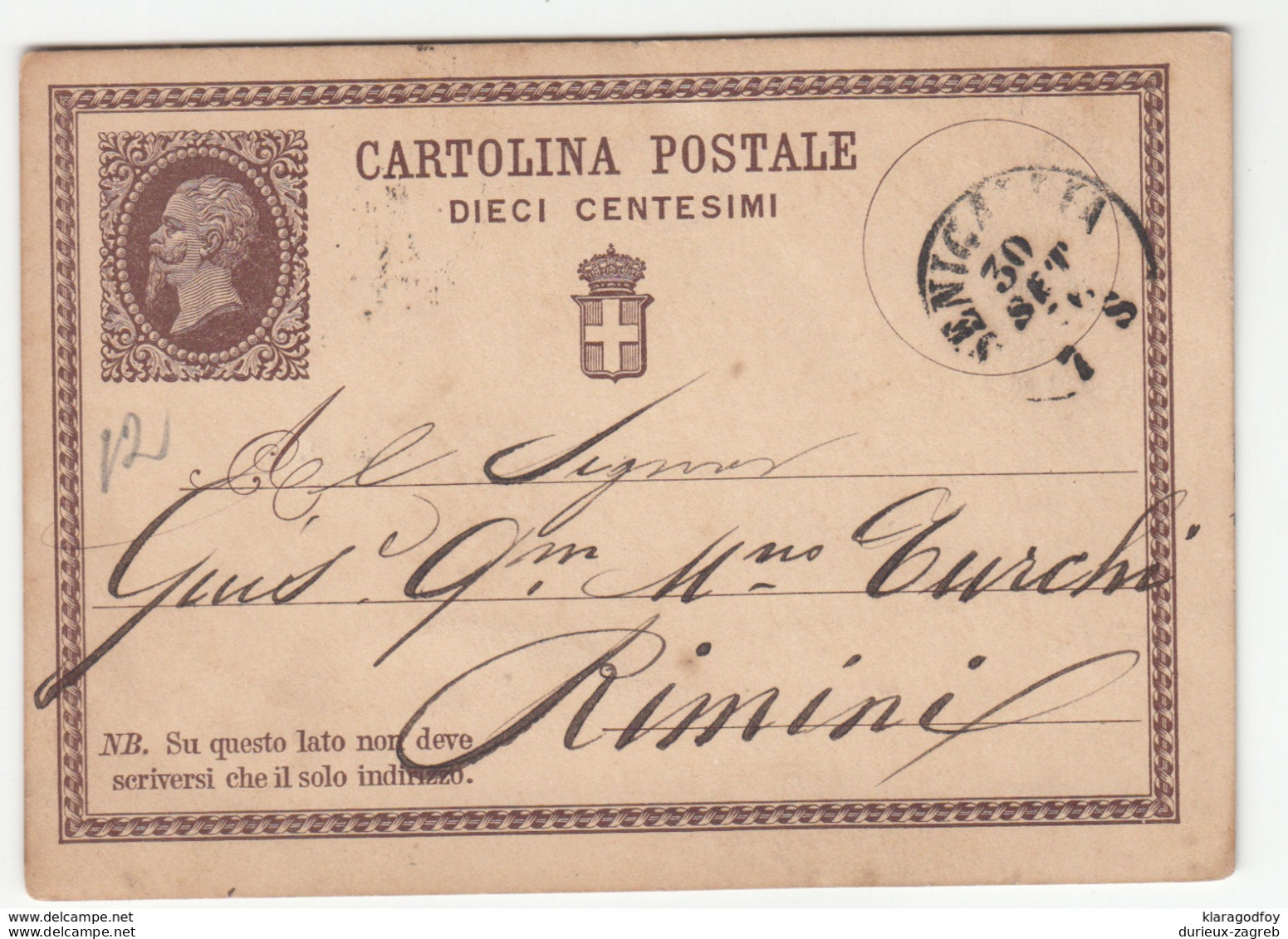 Italy Postal Stationery Postcard Cartolina Postale Dieci Centesimi Travelled 1876 Senigallia To Rimini B180715 - Stamped Stationery