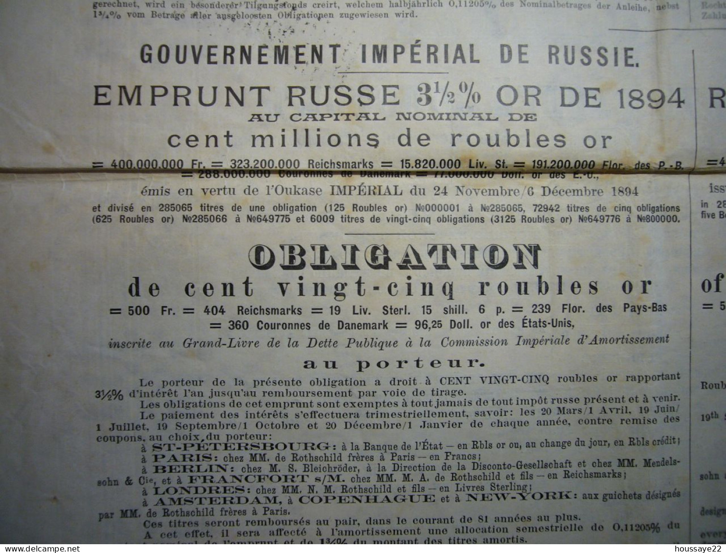 1894 Obligation 500F 31/2% Or - Russia
