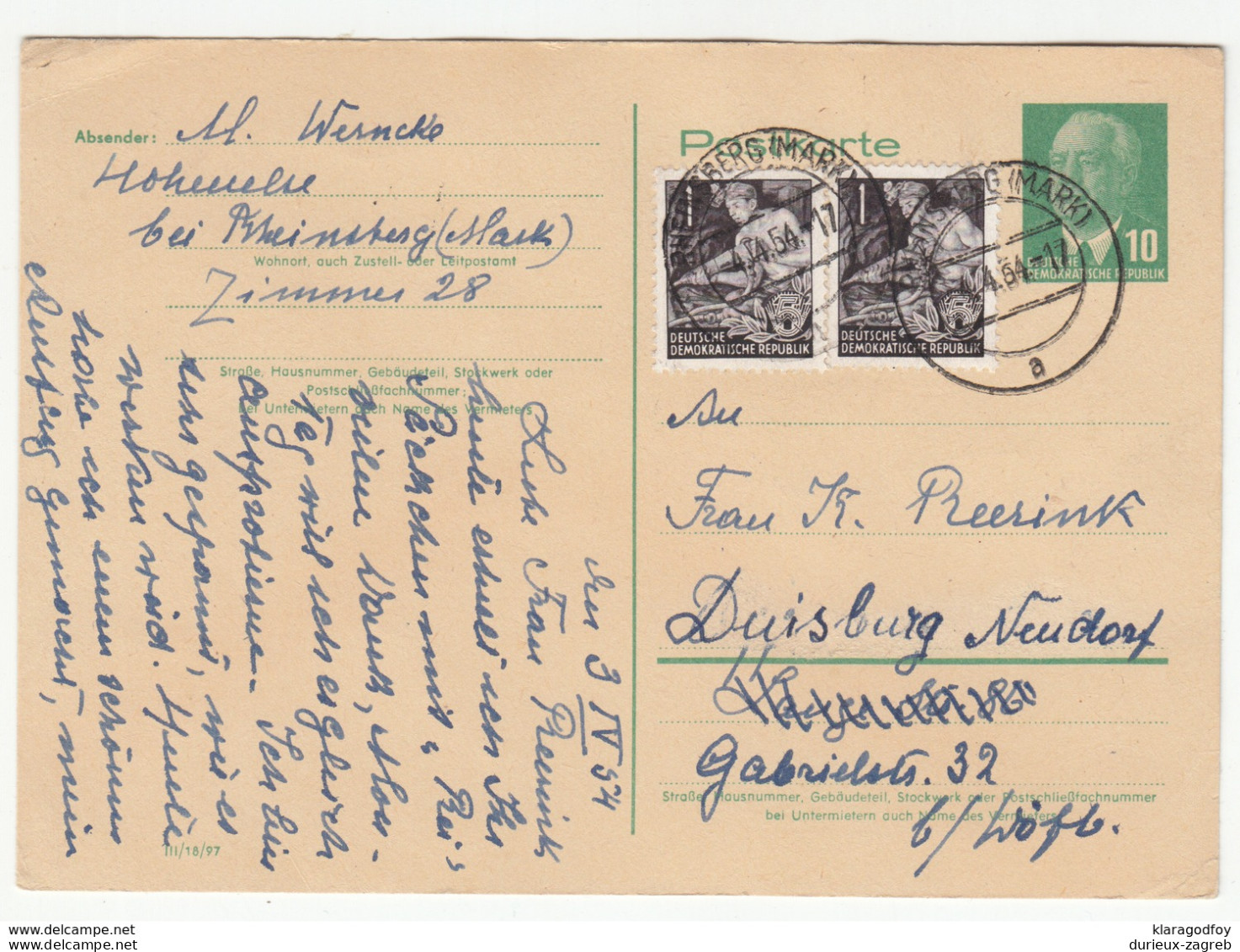 DDR, Postal Stationery Postkarte Travelled 1954 Rheinsberg Pmk B190401 - Postales - Usados