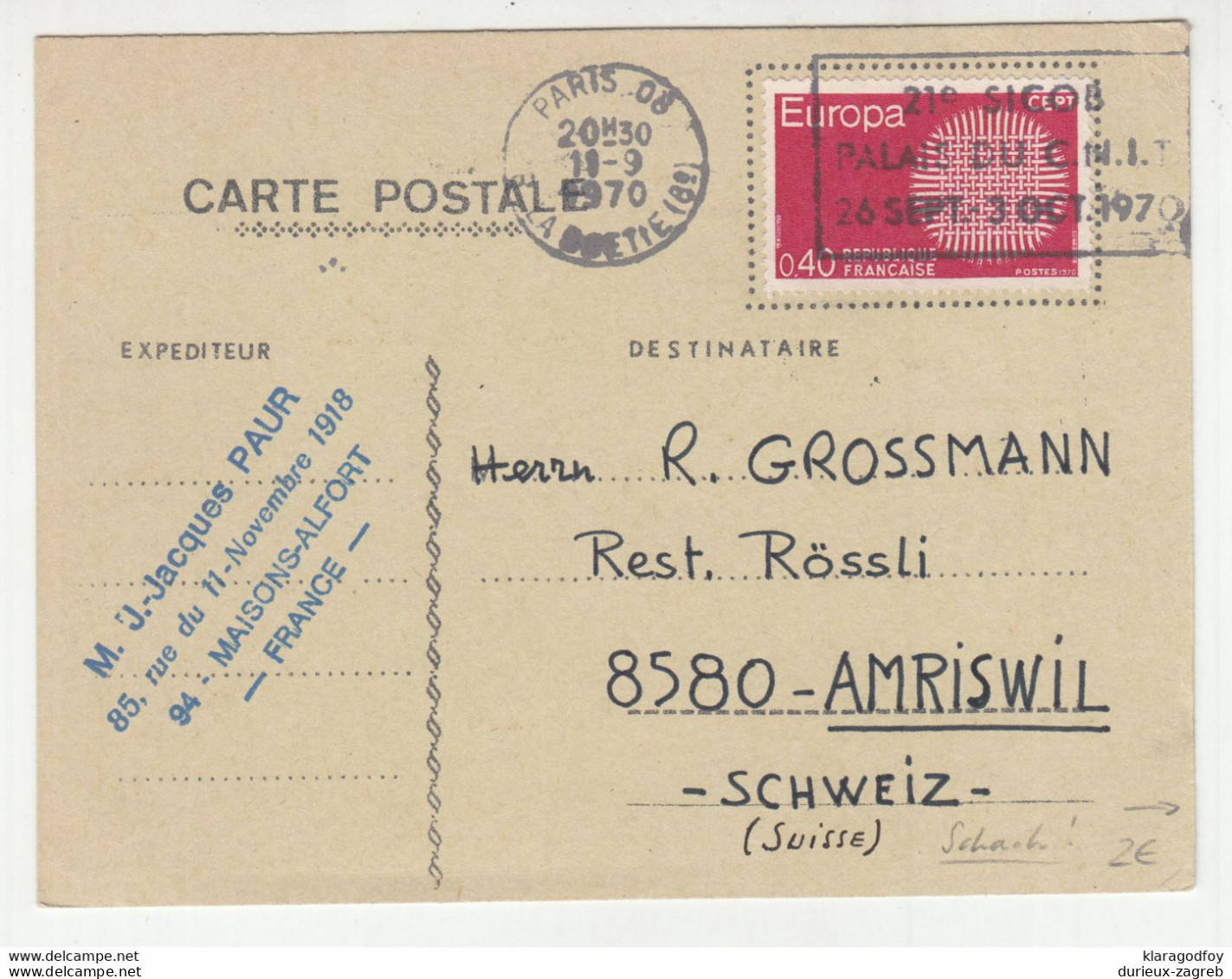 France, Correspondence Chess Postal Card Europa-CEPT Palais Du C.N.I.T. Slogan Pmk Posted 1970 B210220 - 1970