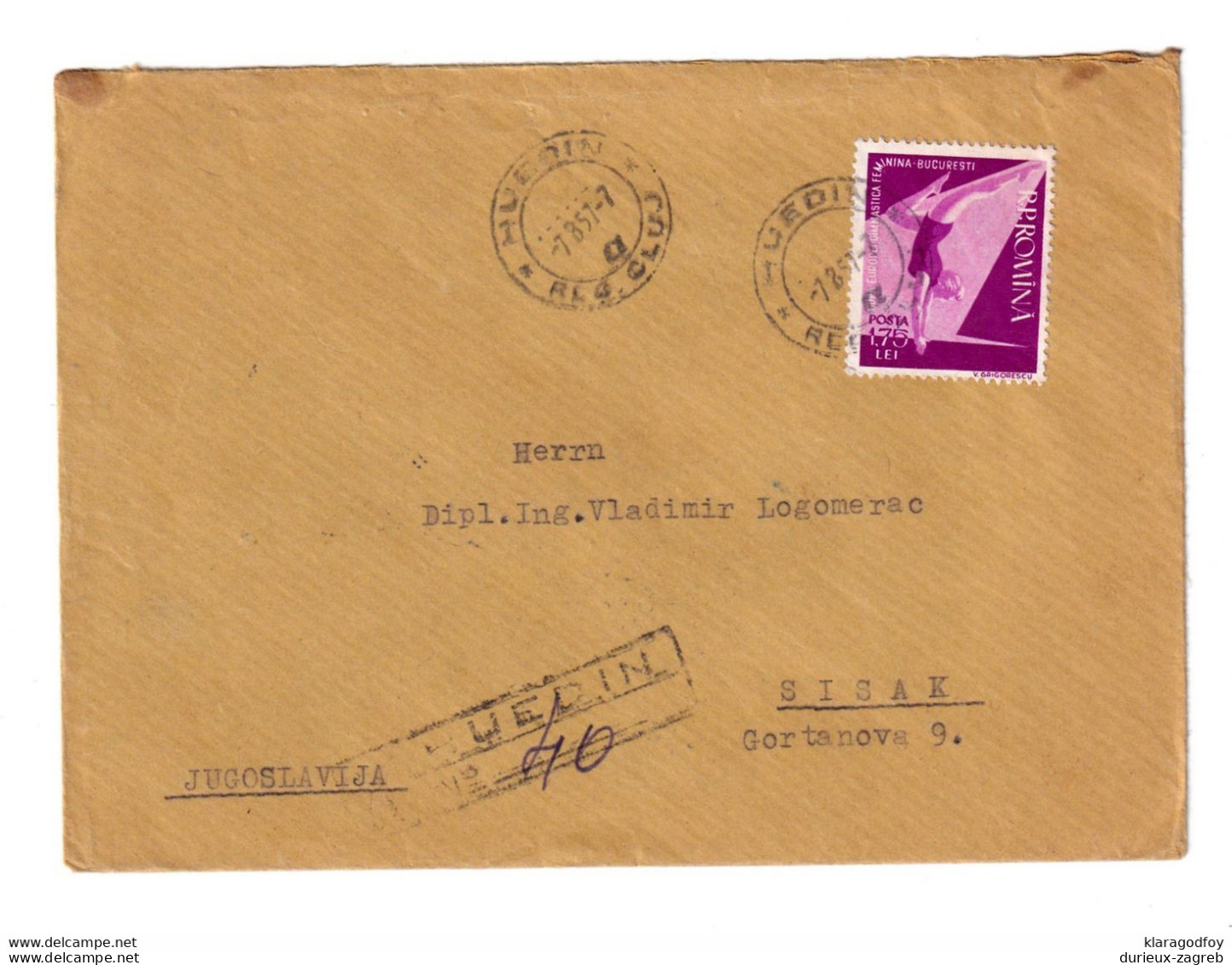 Romania Letter Cover Posted Registered 1957 Huedin To Sisak B201210 - Lettres & Documents