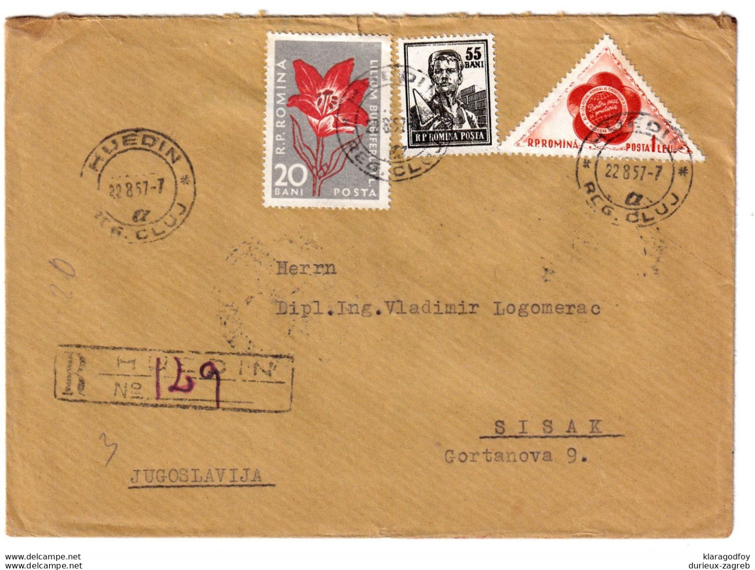 Romania Letter Cover Posted Registered 1957 Huedin To Sisak B201210 - Cartas & Documentos
