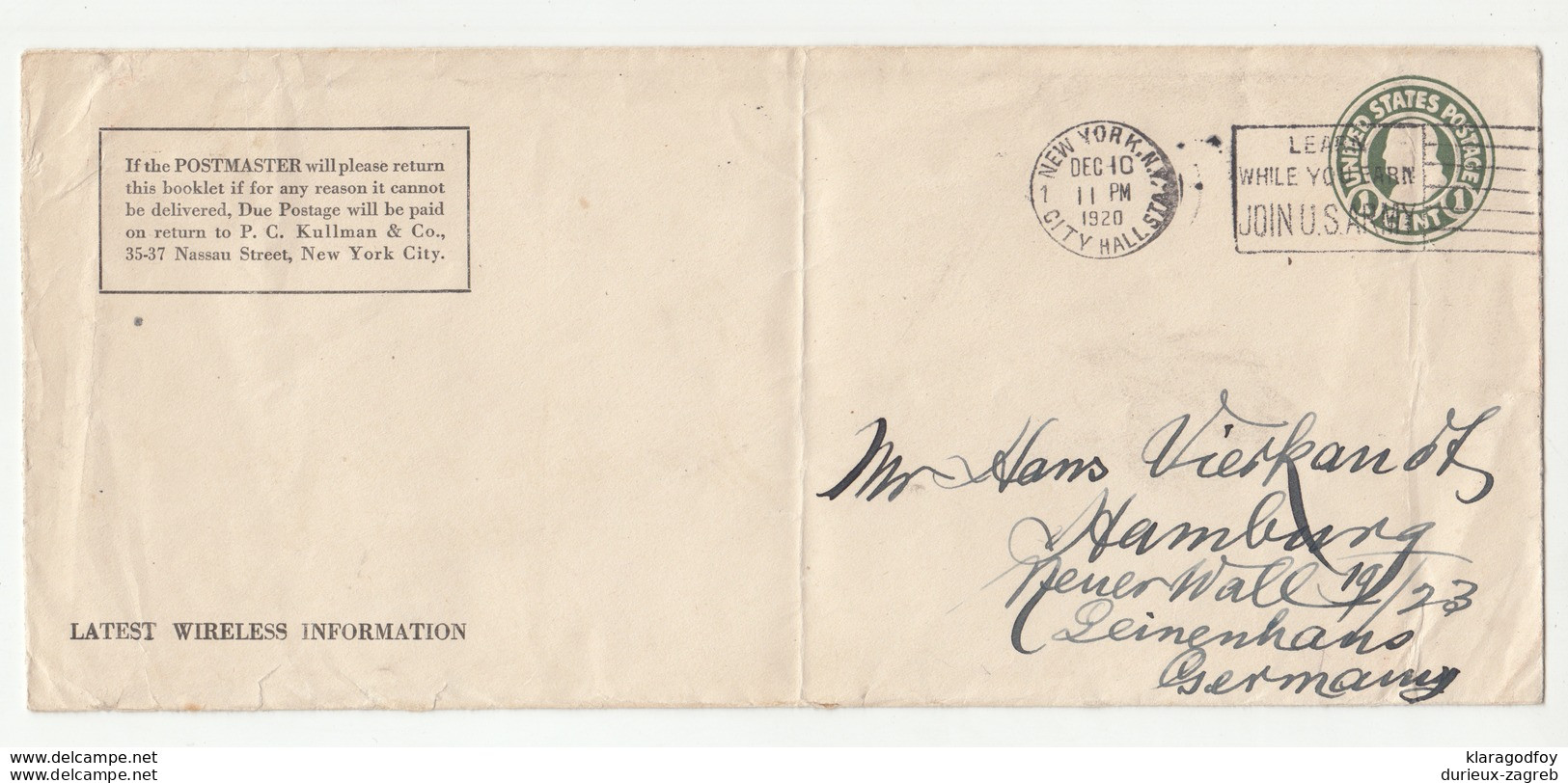 United States Postal Stationery Letter Cover Posted 1920 NY To Germany B200501 - Altri & Non Classificati