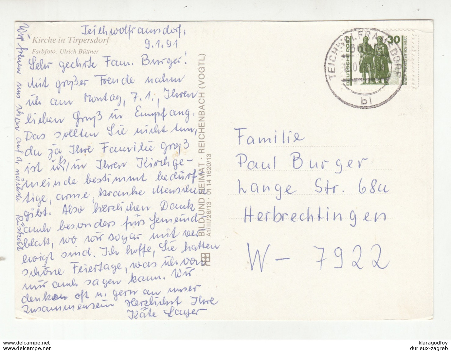 Kirche In Tirpersdorf Old Postcard Posted 1991 B200501 - Vogtland