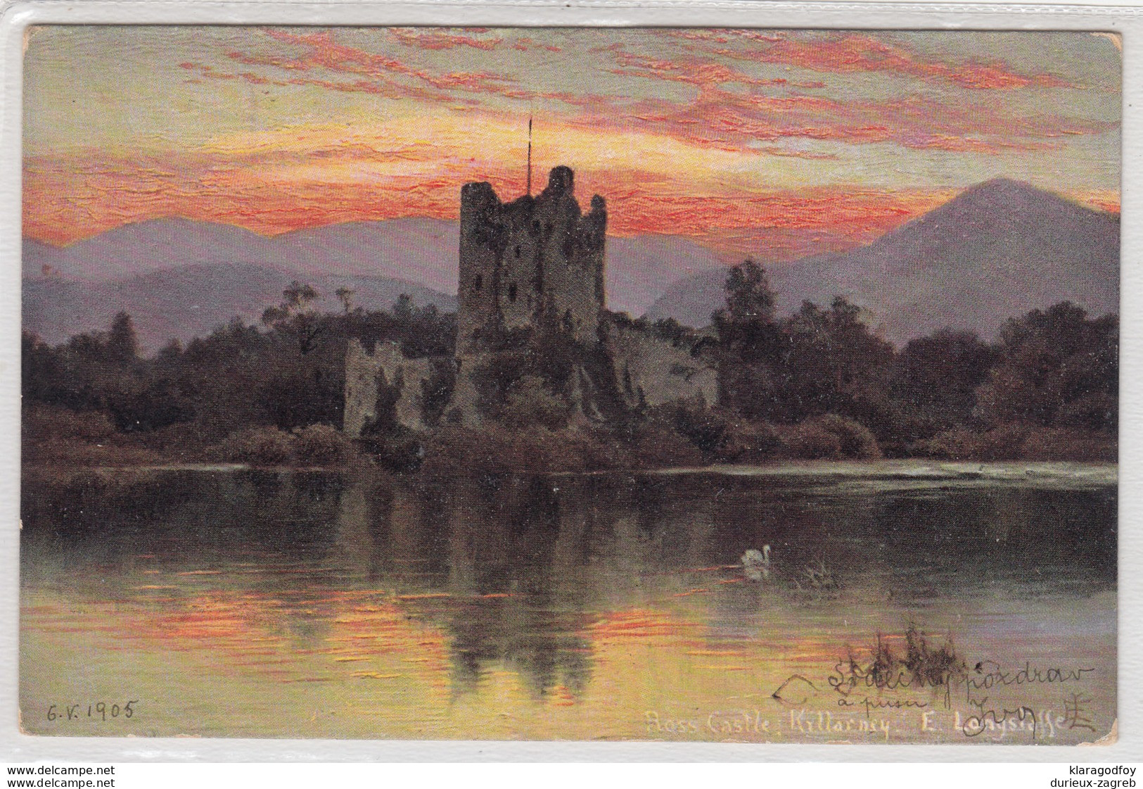 Ross Castle, Killarney Painting By Edgar Longstaffe Vintage Postcard Travelled 1905 Plzen Pmk B170301 - Kerry