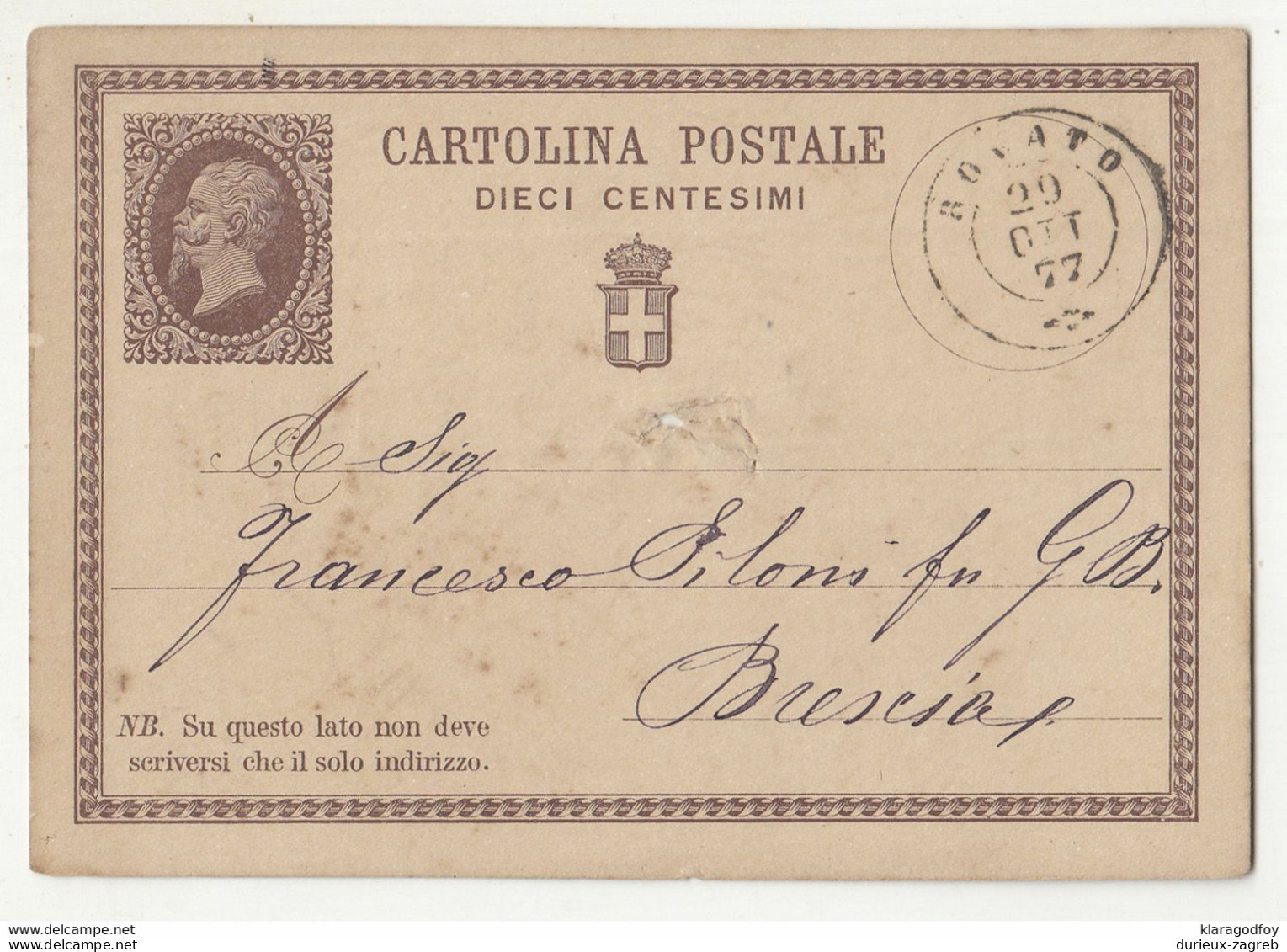 Italy Postal Stationery Postcard Cartolina Postale Posted 1877 Rovato? To Brescia B210320 - Postwaardestukken